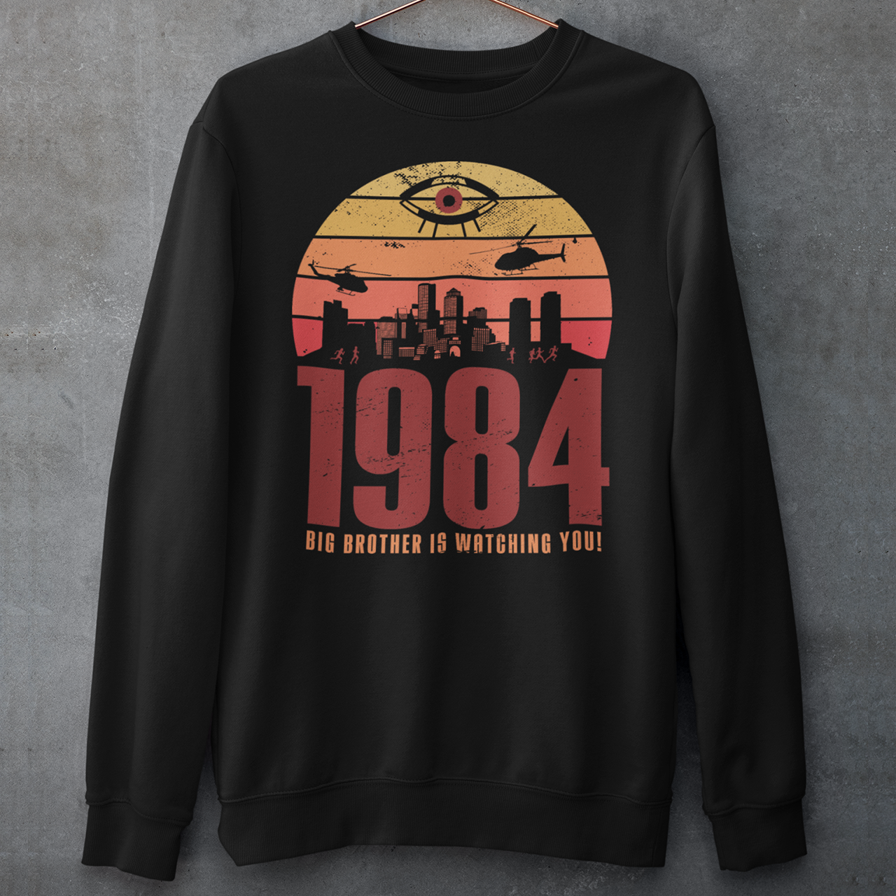 Introducing our George Orwell 1984 sweatshirt with a bold "Big Brother is Watching" design! If you're a fan of Orwell's classic dystopian novel or just love thought-provoking literary references, this shirt is for you. The design features the iconic phrase "Big Brother is Watching" in small, bold letters, set against a stark sunset background. The lettering has a slightly distressed, vintage look, giving the shirt a cool, edgy vibe.