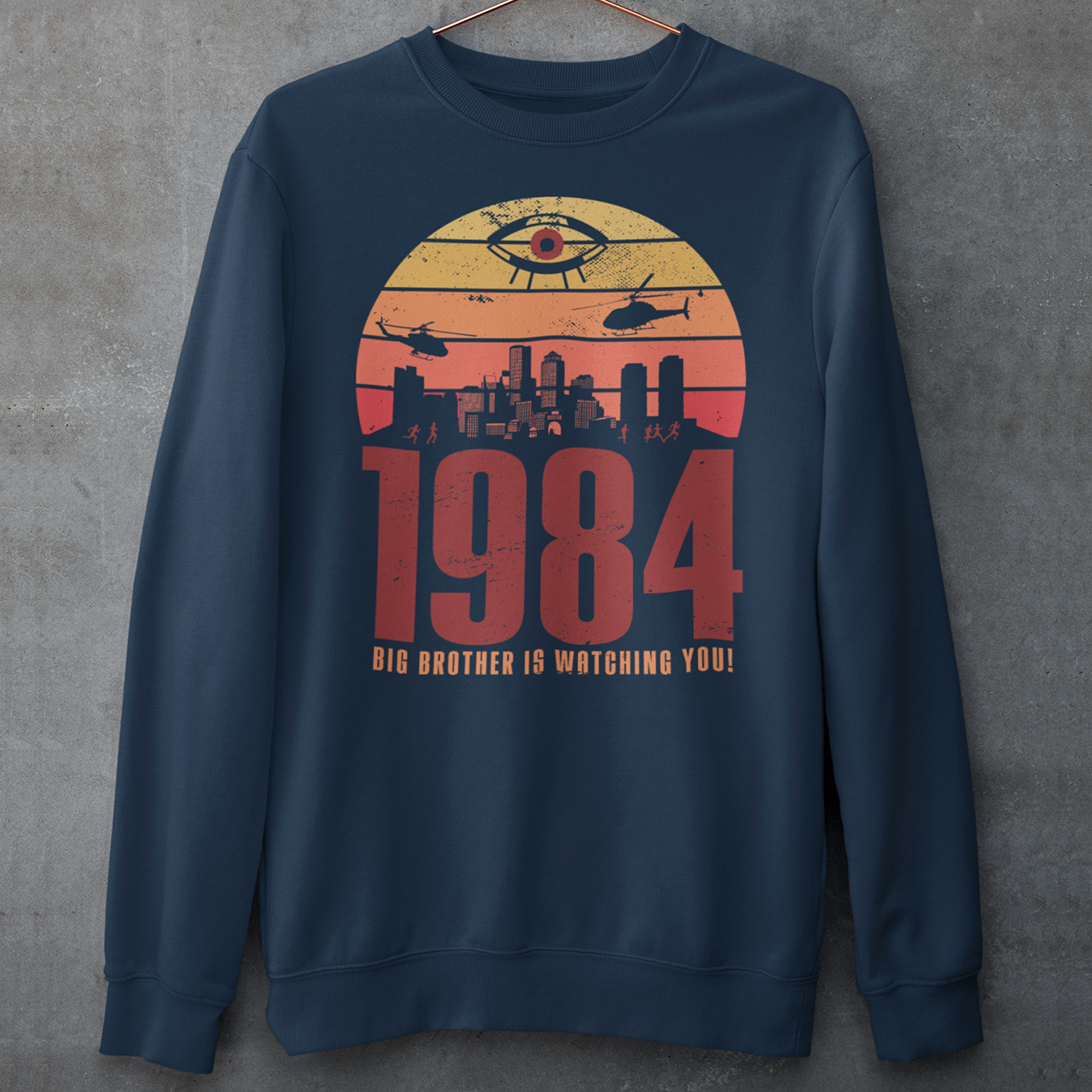 Introducing our George Orwell 1984 sweatshirt with a bold "Big Brother is Watching" design! If you're a fan of Orwell's classic dystopian novel or just love thought-provoking literary references, this shirt is for you. The design features the iconic phrase "Big Brother is Watching" in small, bold letters, set against a stark sunset background. The lettering has a slightly distressed, vintage look, giving the shirt a cool, edgy vibe.