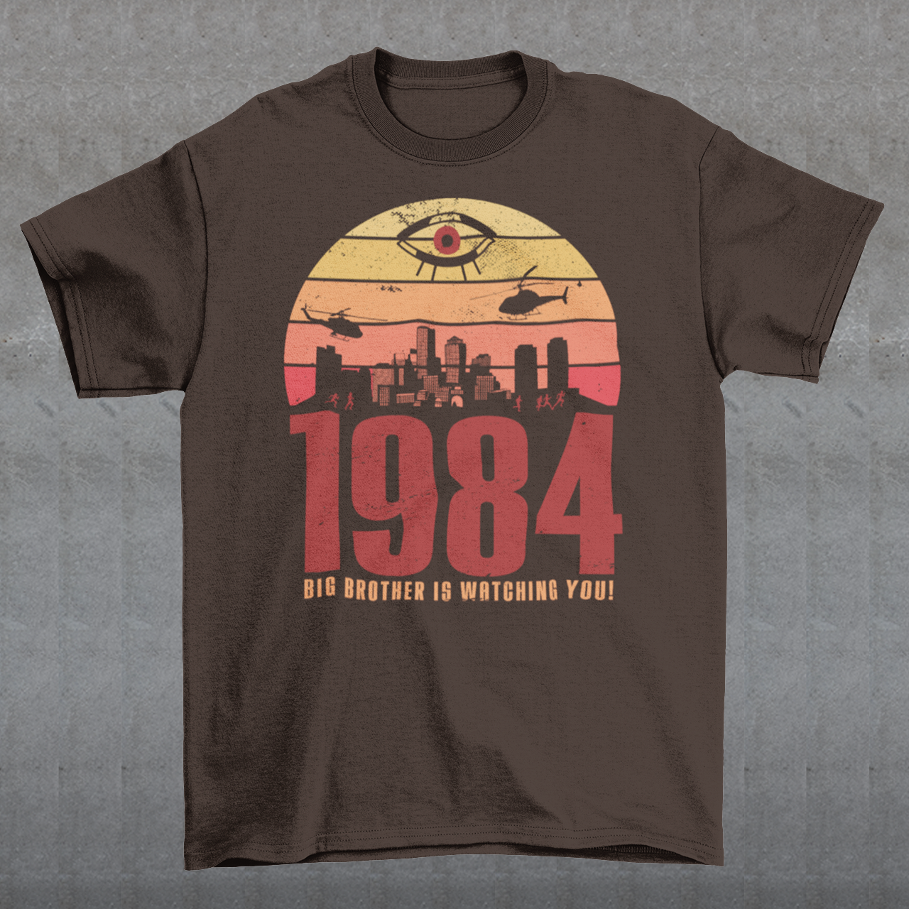 Introducing our George Orwell 1984 t-shirt with a bold "Big Brother is Watching" design! If you're a fan of Orwell's classic dystopian novel or just love thought-provoking literary references, this shirt is for you. The design features the iconic phrase "Big Brother is Watching" in small, bold letters, set against a stark sunset background. The lettering has a slightly distressed, vintage look, giving the shirt a cool, edgy vibe.