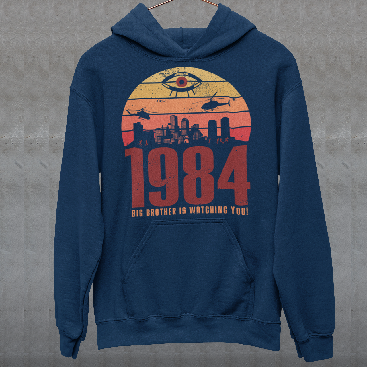 Introducing our George Orwell 1984 Hoodie with a bold "Big Brother is Watching" design! If you're a fan of Orwell's classic dystopian novel or just love thought-provoking literary references, this shirt is for you. The design features the iconic phrase "Big Brother is Watching" in small, bold letters, set against a stark sunset background. The lettering has a slightly distressed, vintage look, giving the shirt a cool, edgy vibe.