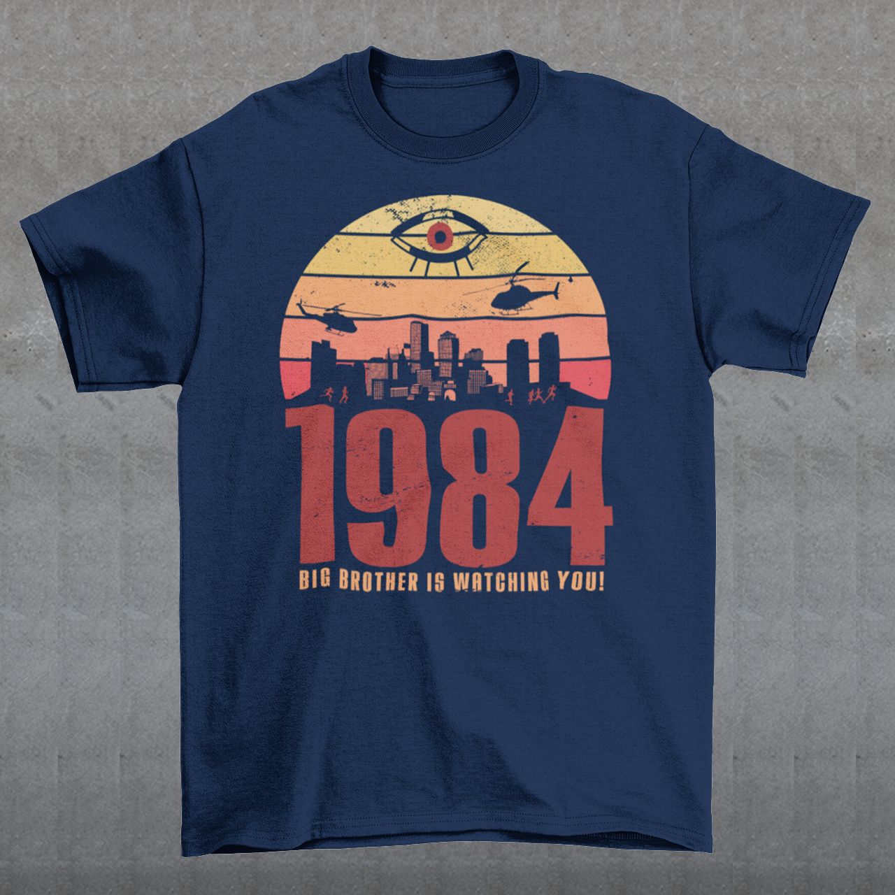 Introducing our George Orwell 1984 t-shirt with a bold "Big Brother is Watching" design! If you're a fan of Orwell's classic dystopian novel or just love thought-provoking literary references, this shirt is for you. The design features the iconic phrase "Big Brother is Watching" in small, bold letters, set against a stark sunset background. The lettering has a slightly distressed, vintage look, giving the shirt a cool, edgy vibe.