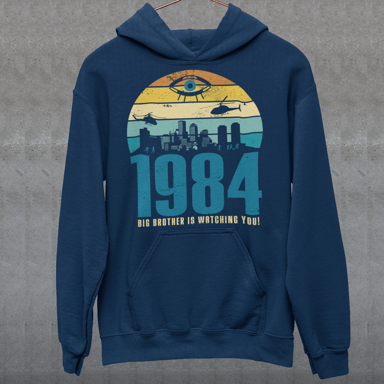 Introducing our George Orwell 1984 Hoodie with a bold "Big Brother is Watching" design! If you're a fan of Orwell's classic dystopian novel or just love thought-provoking literary references, this shirt is for you. The design features the iconic phrase "Big Brother is Watching" in small, bold letters, set against a stark sunset background. The lettering has a slightly distressed, vintage look, giving the shirt a cool, edgy vibe.