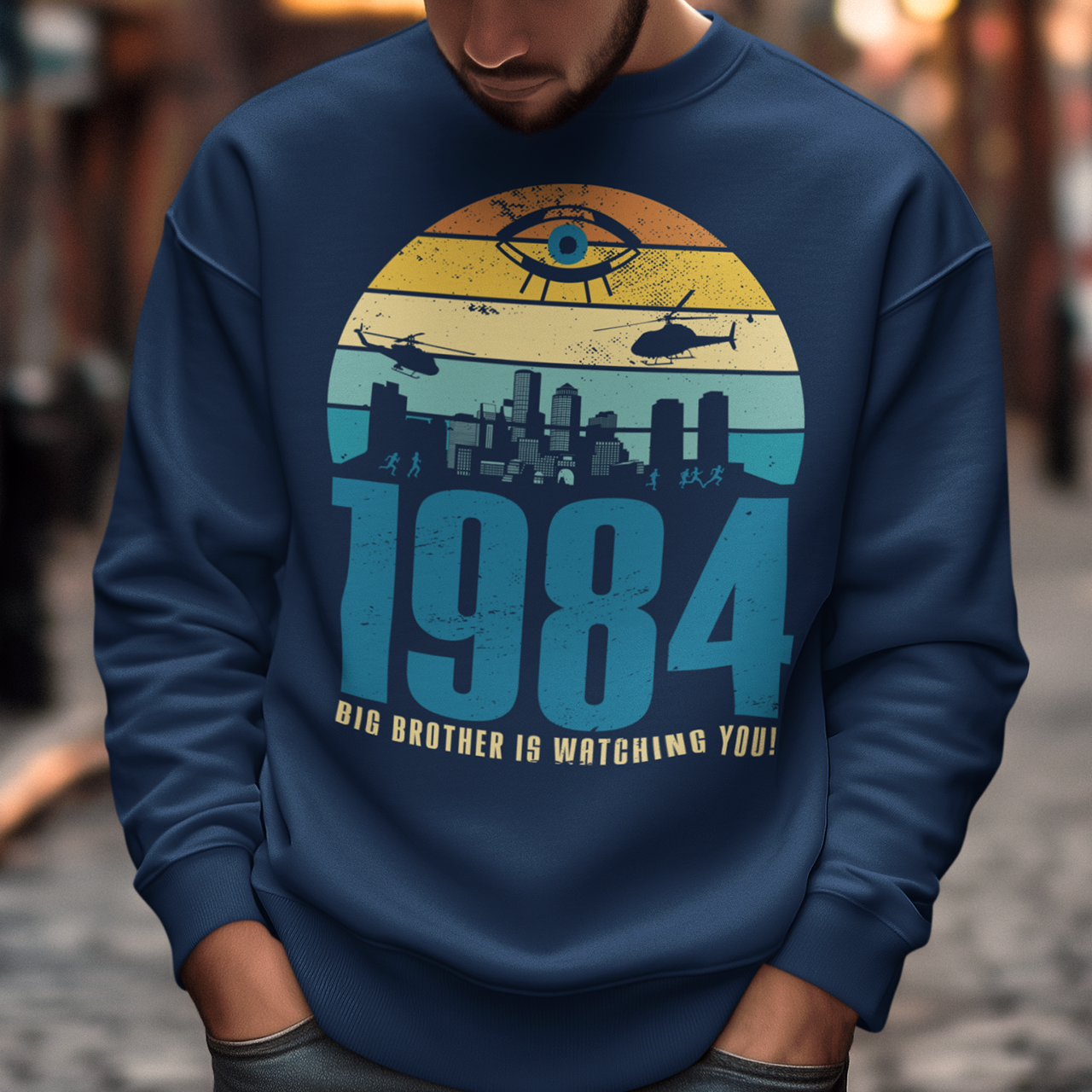 Introducing our George Orwell 1984 sweatshirt with a bold "Big Brother is Watching" design! If you're a fan of Orwell's classic dystopian novel or just love thought-provoking literary references, this shirt is for you. The design features the iconic phrase "Big Brother is Watching" in small, bold letters, set against a stark sunset background. The lettering has a slightly distressed, vintage look, giving the shirt a cool, edgy vibe.