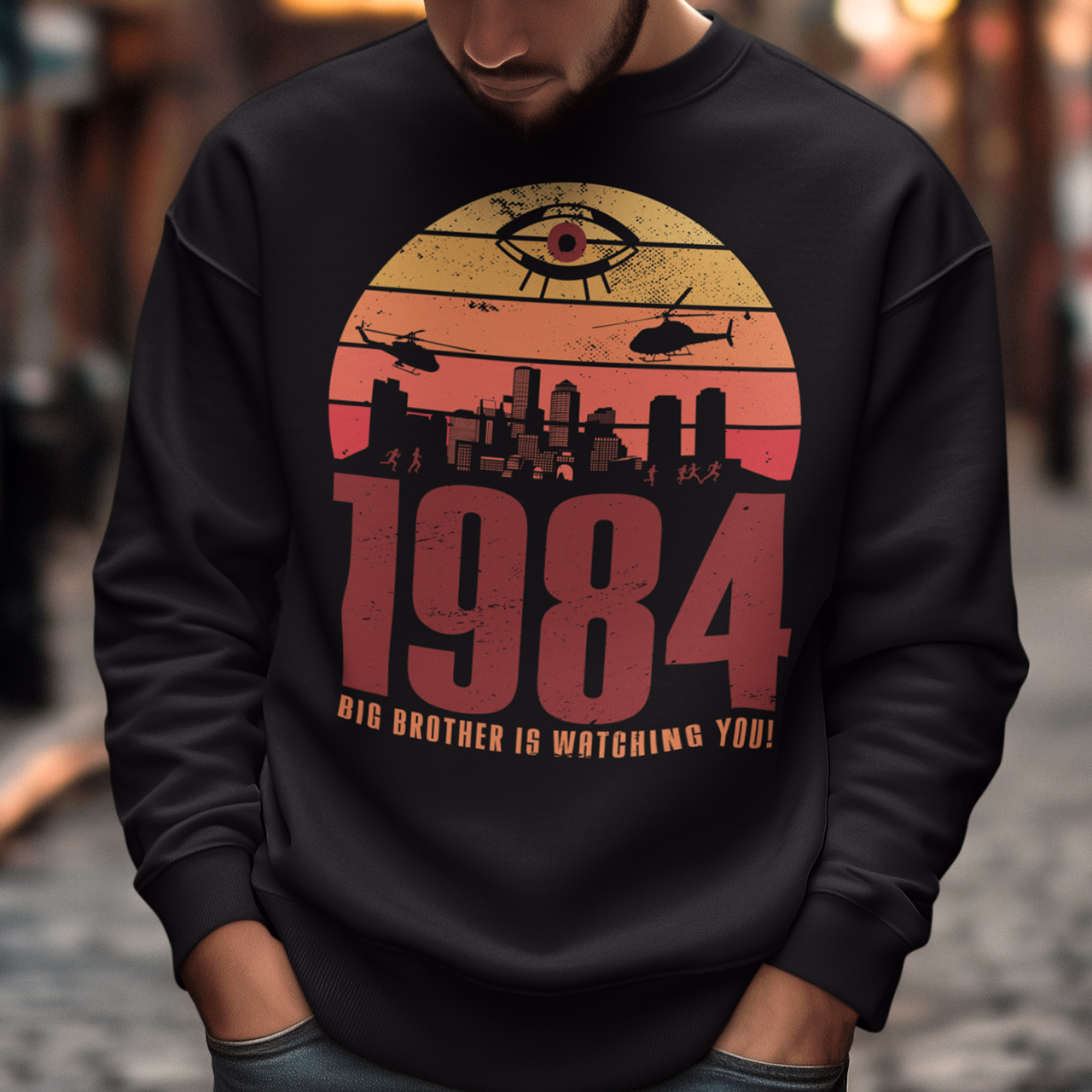 Introducing our George Orwell 1984 sweatshirt with a bold "Big Brother is Watching" design! If you're a fan of Orwell's classic dystopian novel or just love thought-provoking literary references, this shirt is for you. The design features the iconic phrase "Big Brother is Watching" in small, bold letters, set against a stark sunset background. The lettering has a slightly distressed, vintage look, giving the shirt a cool, edgy vibe.