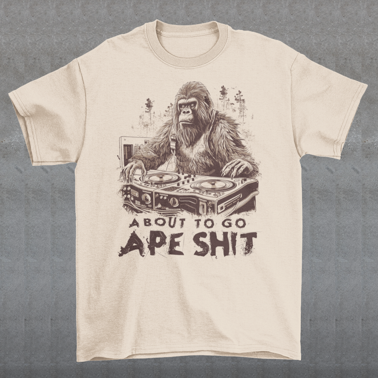 This t-shirt features a bold and eye-catching design of a gorilla playing turntables, surrounded by trees. The gorilla's intense expression and skilled DJing skills convey a sense of energy and excitement. The text "ABOUT TO GO Ape Shit" adds to the playful and humorous tone of the shirt, hinting at the wild and uninhibited fun that the wearer is ready to unleash. This phrase, combined with the gorilla DJ graphic, makes for a unique and memorable design that is sure to stand out in any crowd.