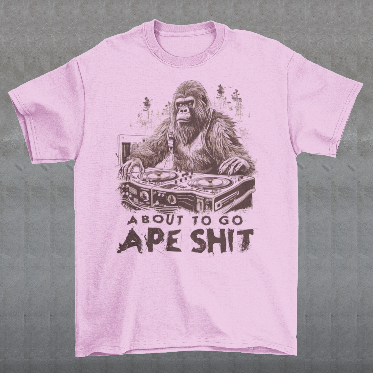 This t-shirt features a bold and eye-catching design of a gorilla playing turntables, surrounded by trees. The gorilla's intense expression and skilled DJing skills convey a sense of energy and excitement. The text "ABOUT TO GO Ape Shit" adds to the playful and humorous tone of the shirt, hinting at the wild and uninhibited fun that the wearer is ready to unleash. This phrase, combined with the gorilla DJ graphic, makes for a unique and memorable design that is sure to stand out in any crowd.