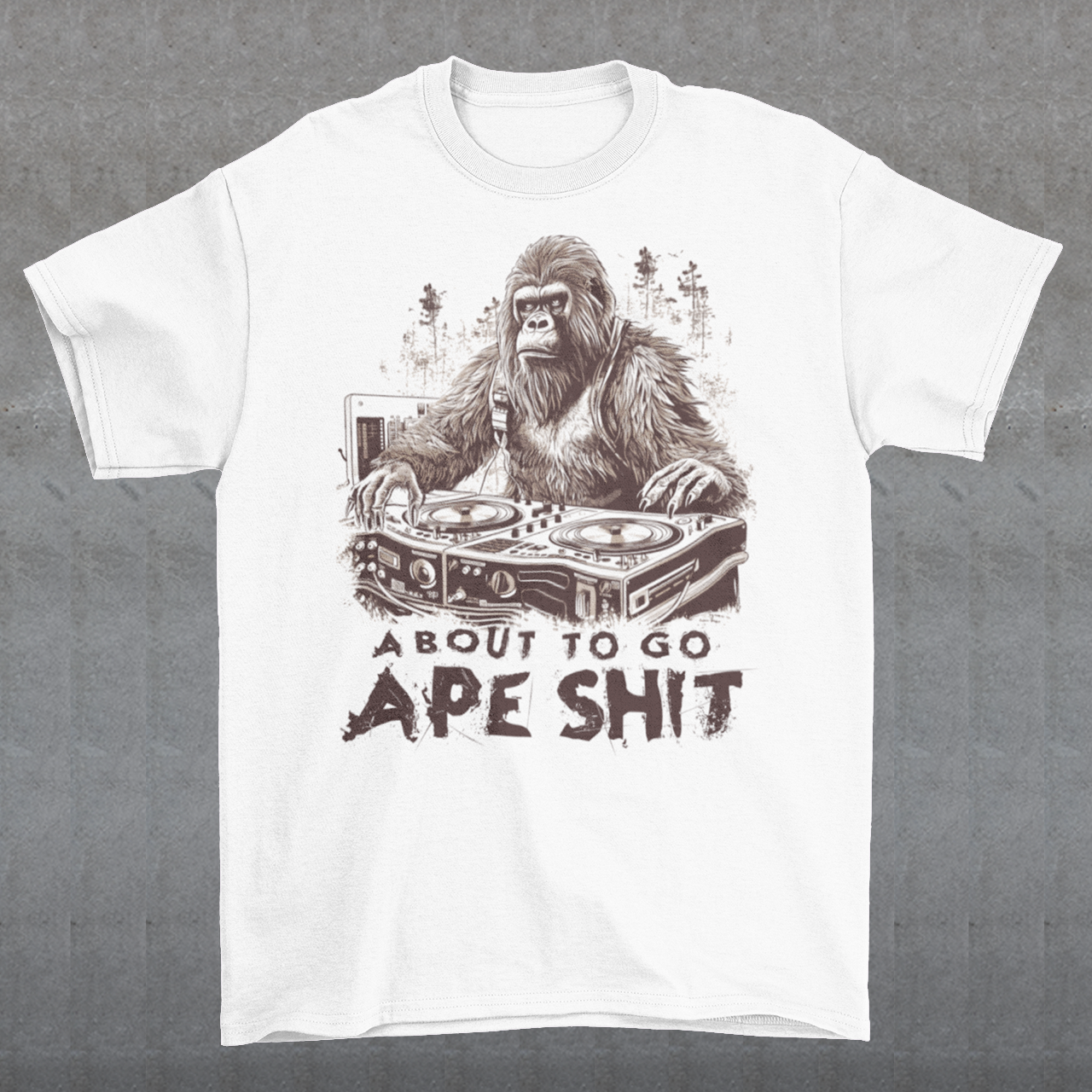 This t-shirt features a bold and eye-catching design of a gorilla playing turntables, surrounded by trees. The gorilla's intense expression and skilled DJing skills convey a sense of energy and excitement. The text "ABOUT TO GO Ape Shit" adds to the playful and humorous tone of the shirt, hinting at the wild and uninhibited fun that the wearer is ready to unleash. This phrase, combined with the gorilla DJ graphic, makes for a unique and memorable design that is sure to stand out in any crowd.