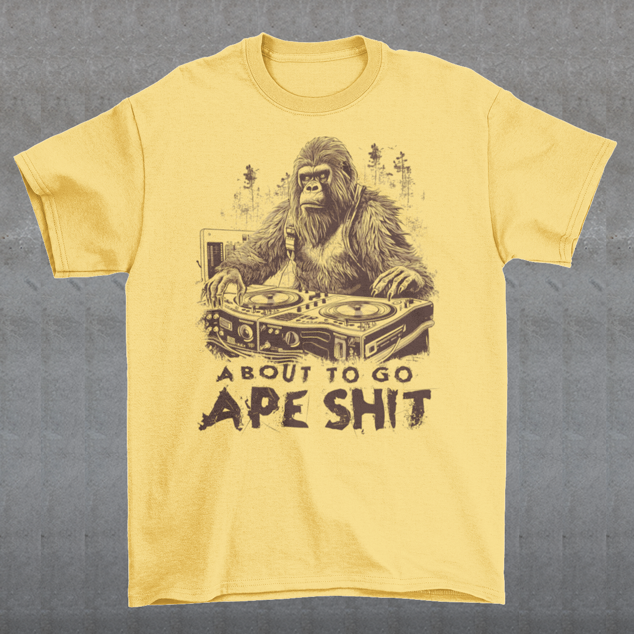 This t-shirt features a bold and eye-catching design of a gorilla playing turntables, surrounded by trees. The gorilla's intense expression and skilled DJing skills convey a sense of energy and excitement. The text "ABOUT TO GO Ape Shit" adds to the playful and humorous tone of the shirt, hinting at the wild and uninhibited fun that the wearer is ready to unleash. This phrase, combined with the gorilla DJ graphic, makes for a unique and memorable design that is sure to stand out in any crowd.