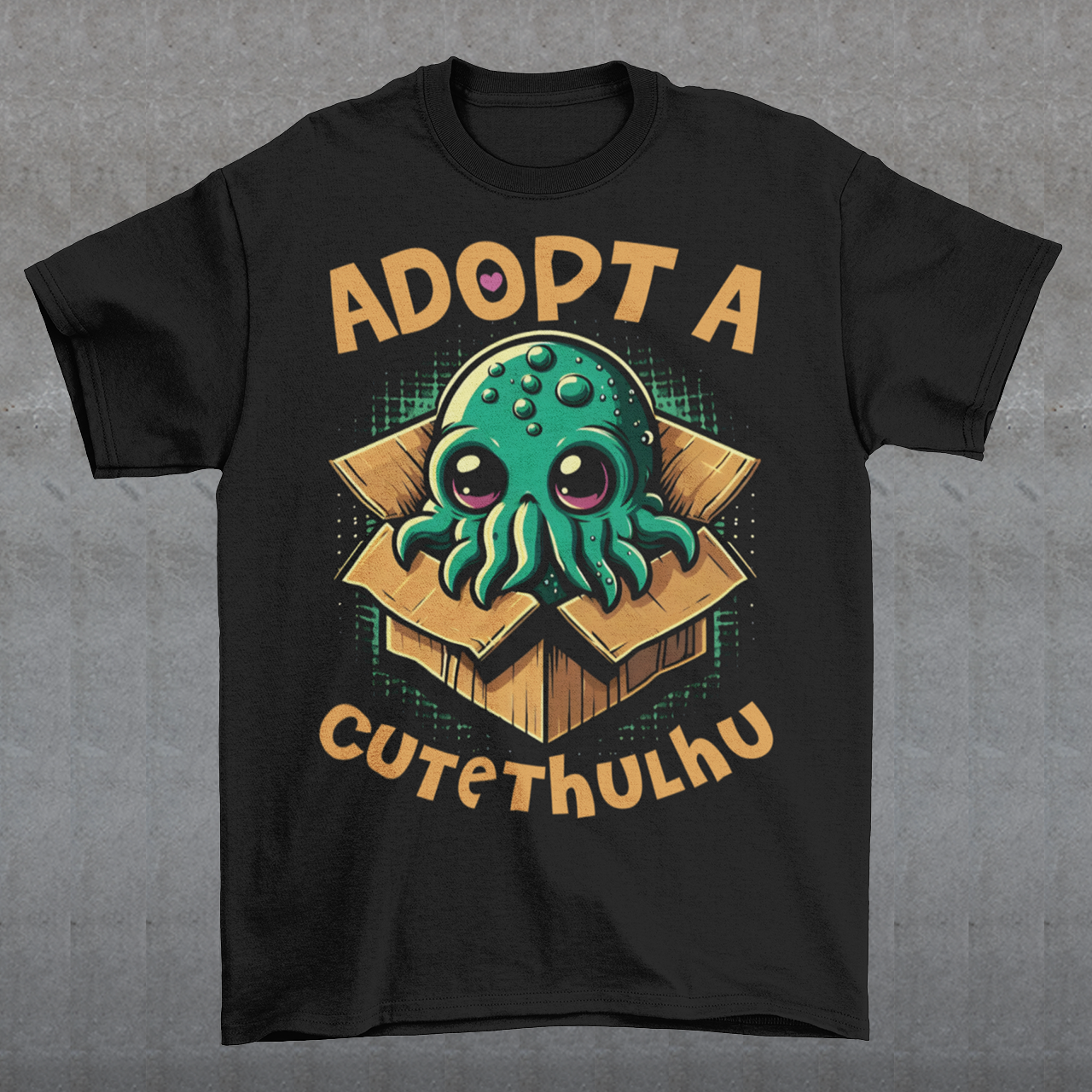 Embrace the whimsy of the cosmic with our "Adopt a Cutethulhu" T-shirt! Featuring an adorable depiction of Cthulhu, this charming design reimagines the ancient cosmic entity in the most delightful way possible. Nestled snugly in a cozy cardboard box, our little Cutethulhu waits patiently with big, endearing eyes that are impossible to resist. Whether you're a Lovecraft enthusiast or just a fan of cute and quirky designs, the "Adopt a Cutethulhu" T-shirt is the perfect blend of myth and adorableness.