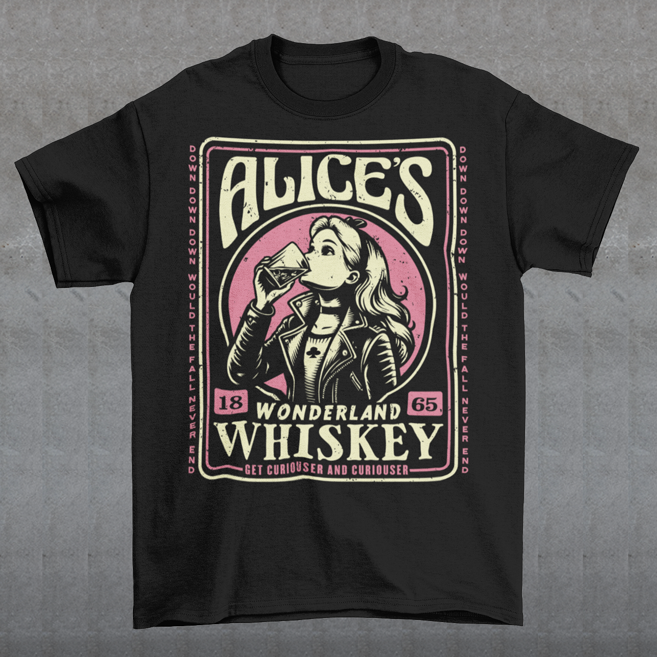 Introducing our enchanting t-shirt that seamlessly blends the world of whiskey with the whimsy of Alice's Wonderland. This extraordinary design features a captivating whiskey-style label in the center, adorned with intricate details and an irresistible charm. In the heart of the label, you'll find Alice drinking a glass of whiskey, reminiscent of the magical elixir from Alice's adventures.