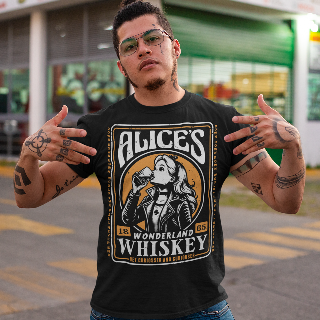 Introducing our enchanting t-shirt that seamlessly blends the world of whiskey with the whimsy of Alice's Wonderland. This extraordinary design features a captivating whiskey-style label in the center, adorned with intricate details and an irresistible charm. In the heart of the label, you'll find Alice drinking a glass of whiskey, reminiscent of the magical elixir from Alice's adventures.