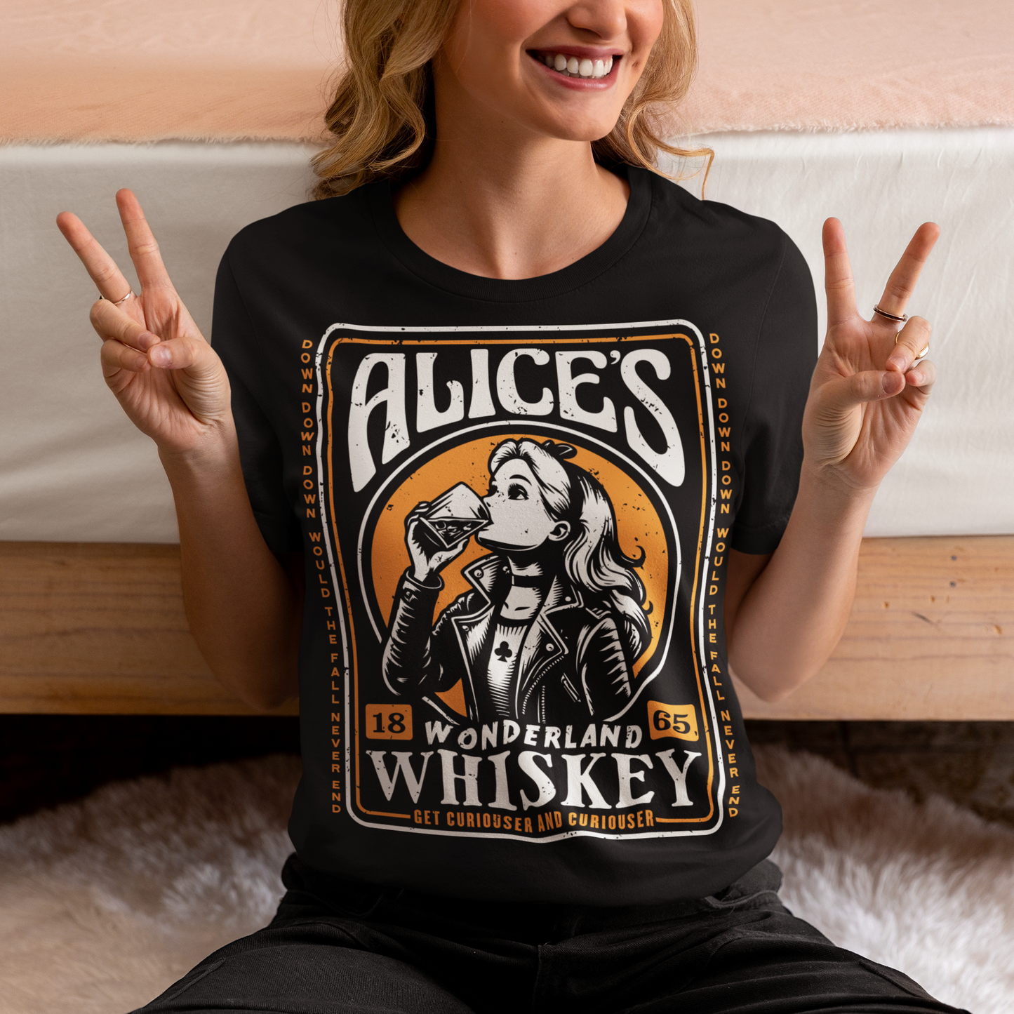 Introducing our enchanting t-shirt that seamlessly blends the world of whiskey with the whimsy of Alice's Wonderland. This extraordinary design features a captivating whiskey-style label in the center, adorned with intricate details and an irresistible charm. In the heart of the label, you'll find Alice drinking a glass of whiskey, reminiscent of the magical elixir from Alice's adventures.