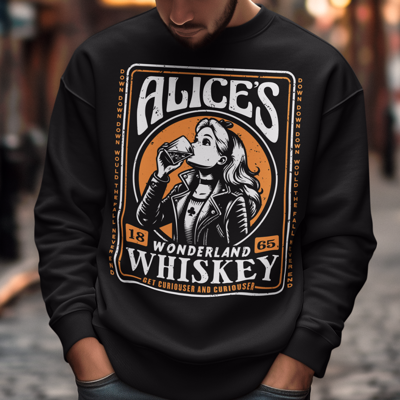 Introducing our enchanting sweatshirt that seamlessly blends the world of whiskey with the whimsy of Alice's Wonderland. This extraordinary design features a captivating whiskey-style label in the center, adorned with intricate details and an irresistible charm. In the heart of the label, you'll find Alice drinking a glass of whiskey, reminiscent of the magical elixir from Alice's adventures.