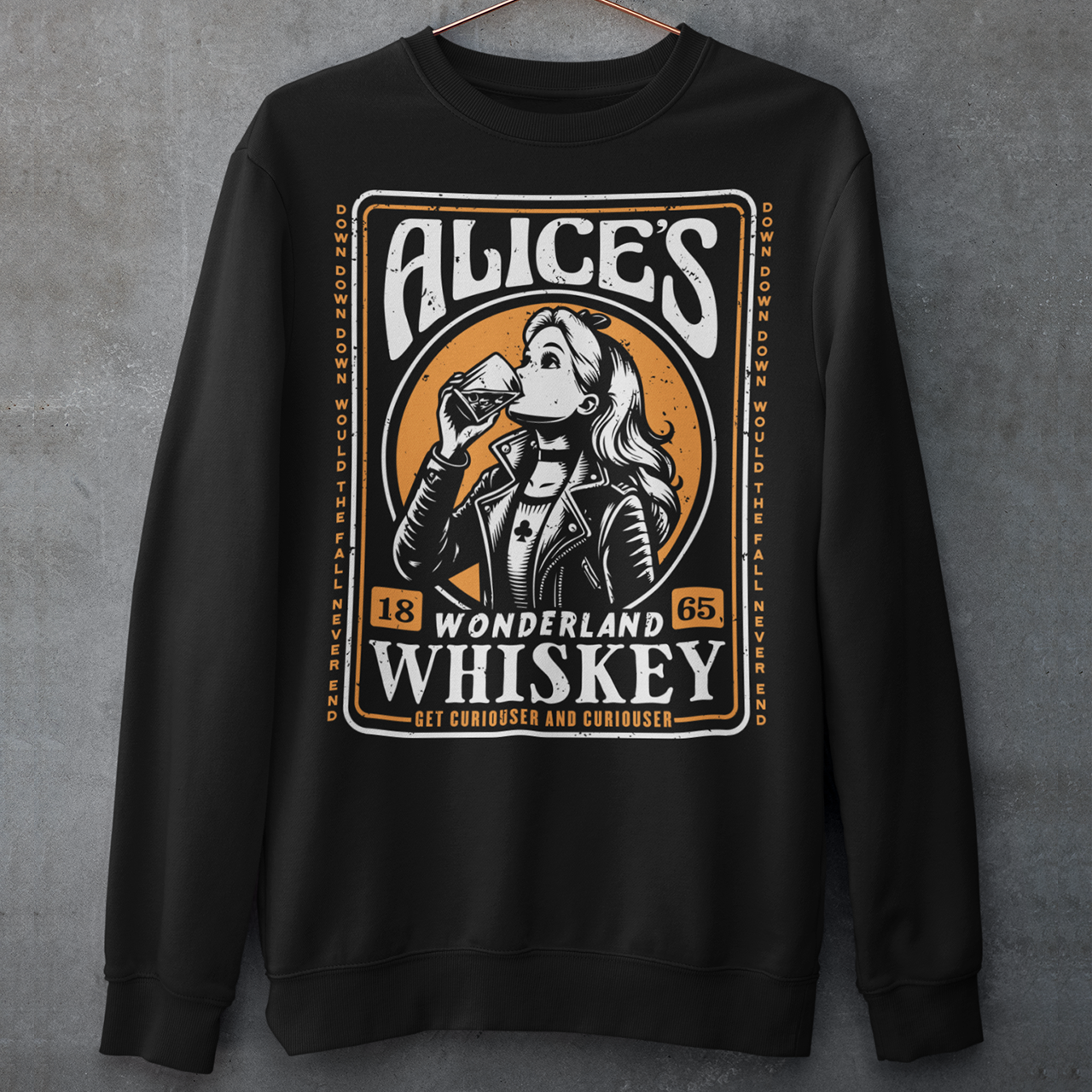 Introducing our enchanting sweatshirt that seamlessly blends the world of whiskey with the whimsy of Alice's Wonderland. This extraordinary design features a captivating whiskey-style label in the center, adorned with intricate details and an irresistible charm. In the heart of the label, you'll find Alice drinking a glass of whiskey, reminiscent of the magical elixir from Alice's adventures.