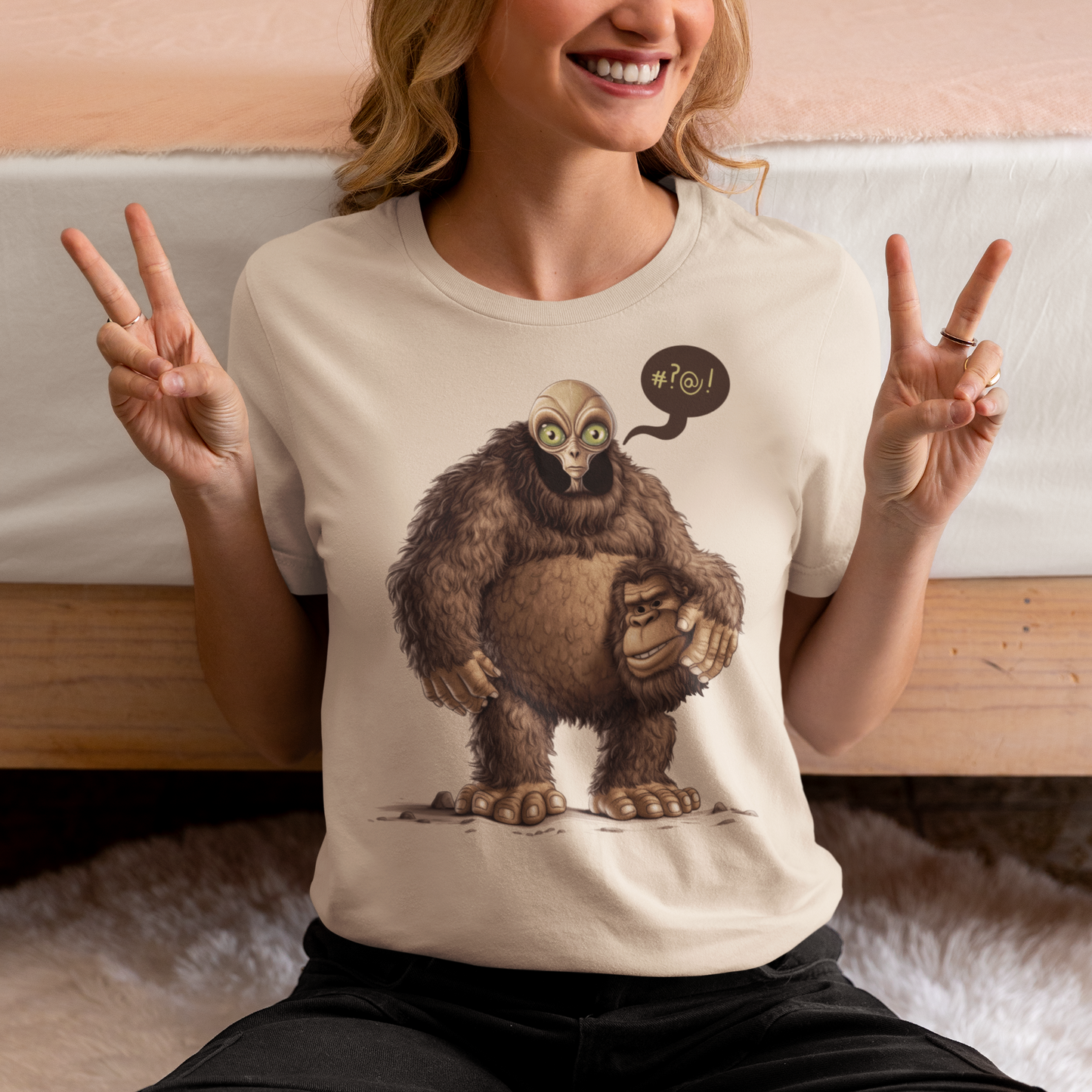 Introducing our out-of-this-world creation: the "Alien in Bigfoot Suit" t-shirt, where extraterrestrial meets cryptid in a whimsical fusion of mystery and humor. Picture this: a classic, comfortable cotton tee adorned with a quirky illustration that will have heads turning and smiles spreading wherever you go. The intricate design captures the essence of both Bigfoot lore and extraterrestrial fascination, blending the realms of cryptozoology and outer space with a playful twist.