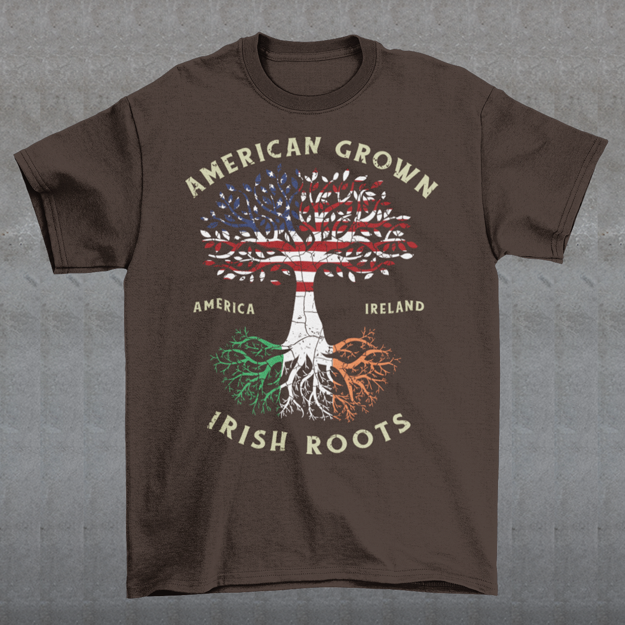The American Grown Irish Roots Tree of Life t-shirt design is a unique and symbolic representation of the wearer's heritage and connection to the earth. The design features a tree with roots that spread out and intertwine, representing the strength and resilience of Irish culture and its deep connection to the land. The trunk of the tree is made up of the American flag, symbolizing the wearer's pride in their American identity and their Irish heritage, which is a part of the American culture.