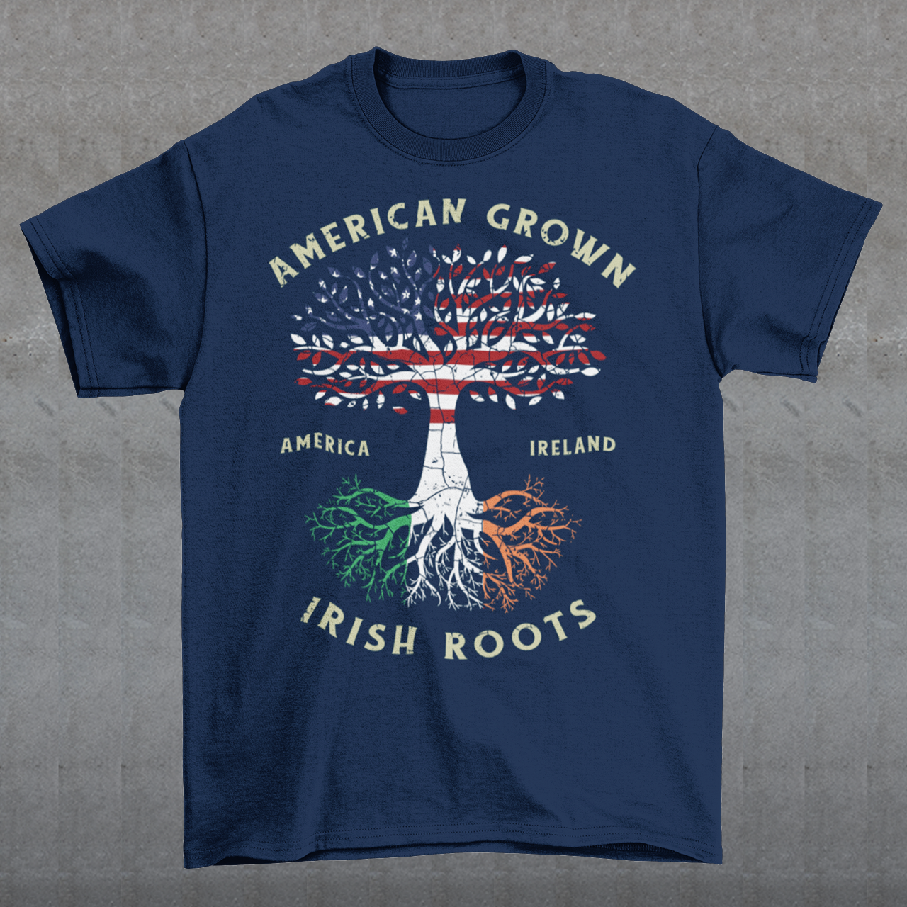 The American Grown Irish Roots Tree of Life t-shirt design is a unique and symbolic representation of the wearer's heritage and connection to the earth. The design features a tree with roots that spread out and intertwine, representing the strength and resilience of Irish culture and its deep connection to the land. The trunk of the tree is made up of the American flag, symbolizing the wearer's pride in their American identity and their Irish heritage, which is a part of the American culture.