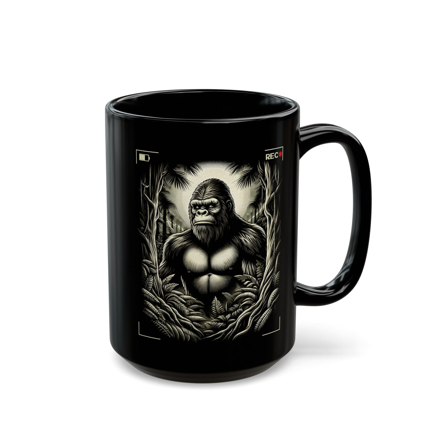 Black mug of Bigfoot being recorded looking through the trees.