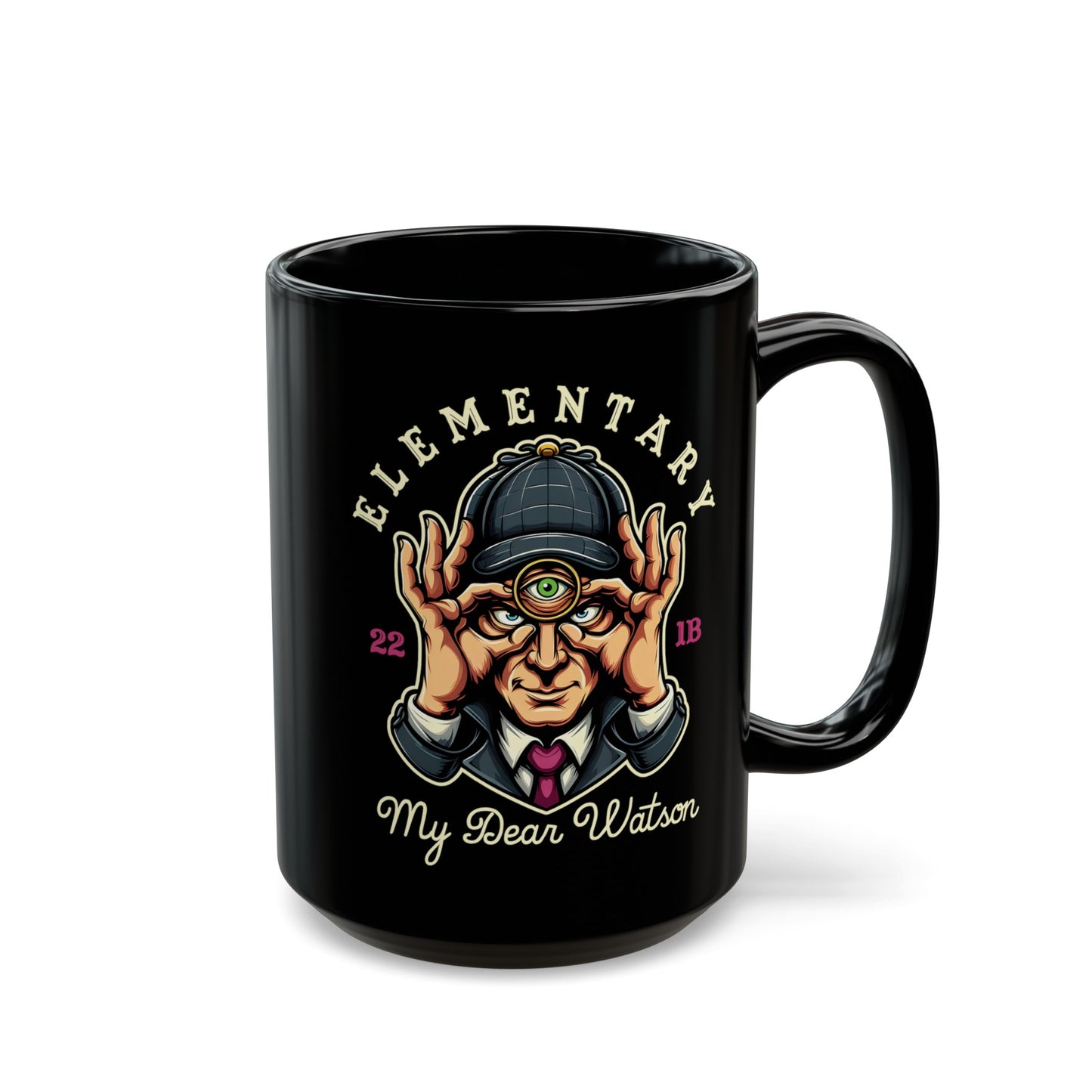 Black mug of Sherlock Holmes with a third eye and text ELEMENTARY MY DEAR WATSON.