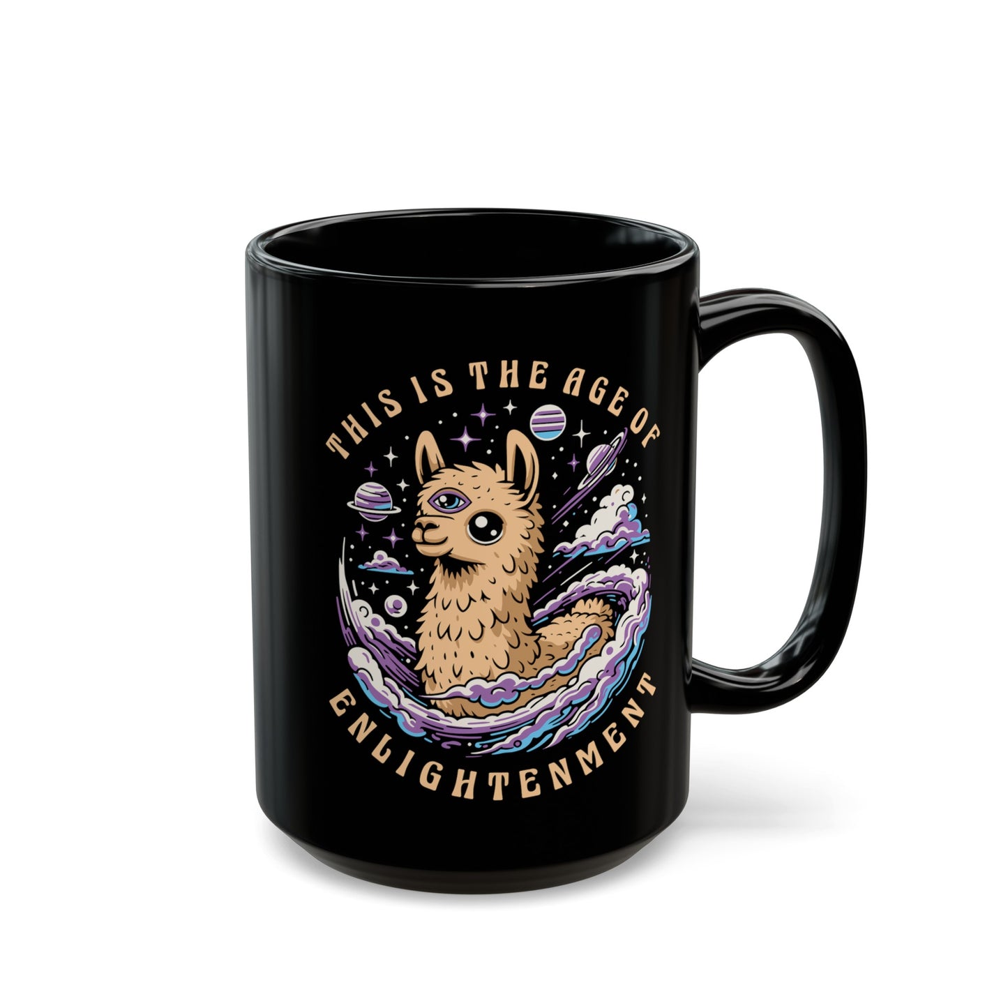 Black mug of a Llama with a third eye in space with text THIS IS THE AGE OF ENLIGHTENMENT.