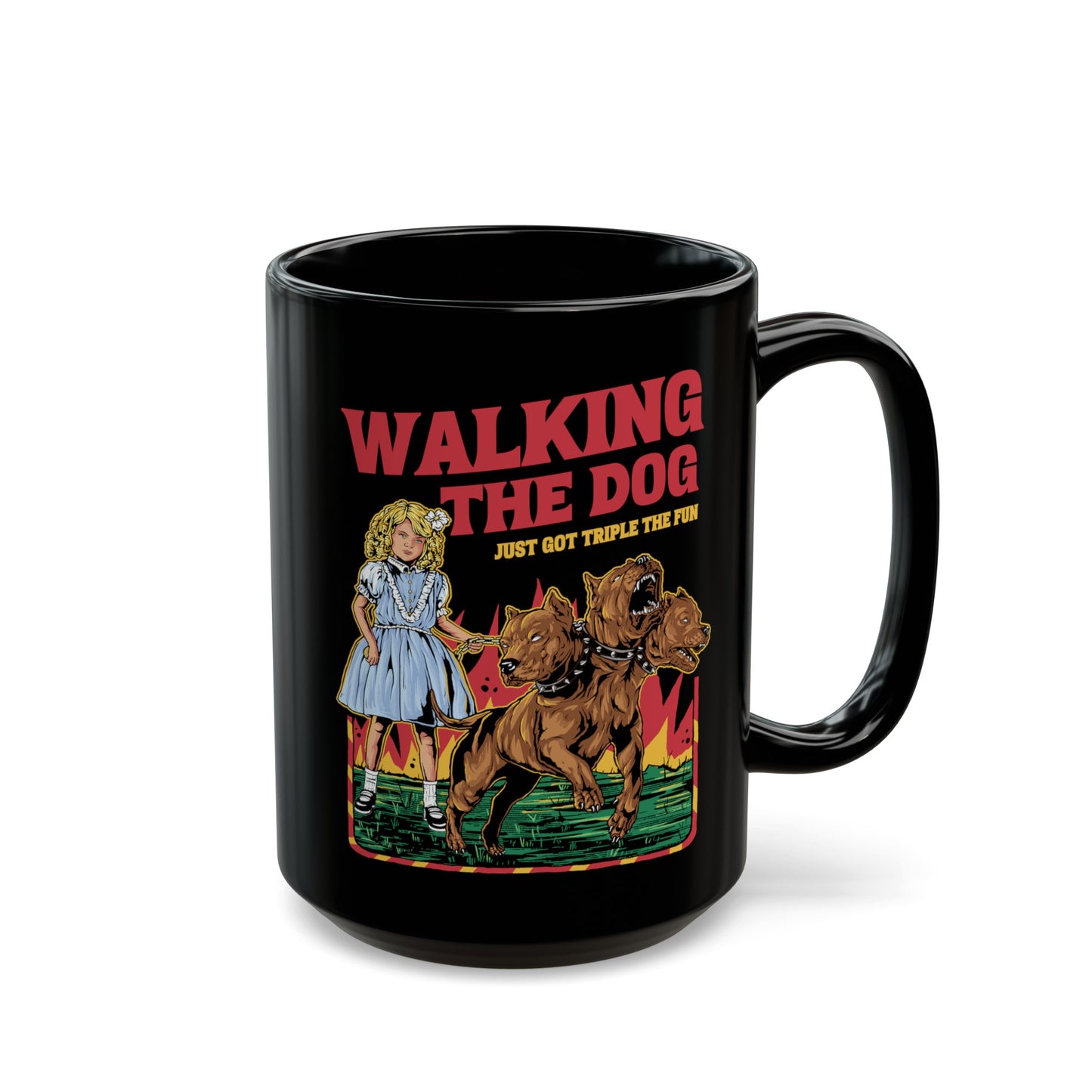 Black mug of a girl taking Cerberus dog for a walk with text WALKING THE DOG JUST GOT TRIPLE THE FUN.