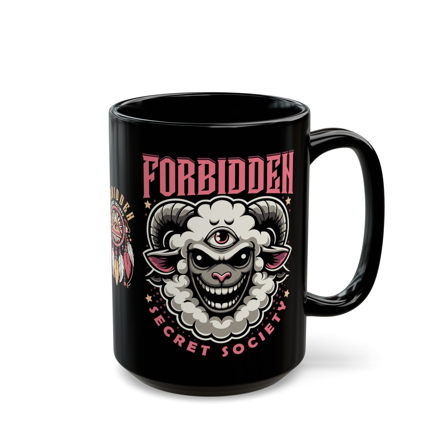 Black mug of an Illuminati sheep with a third eye with text FORBIDDEN SECRET SOCIETY.