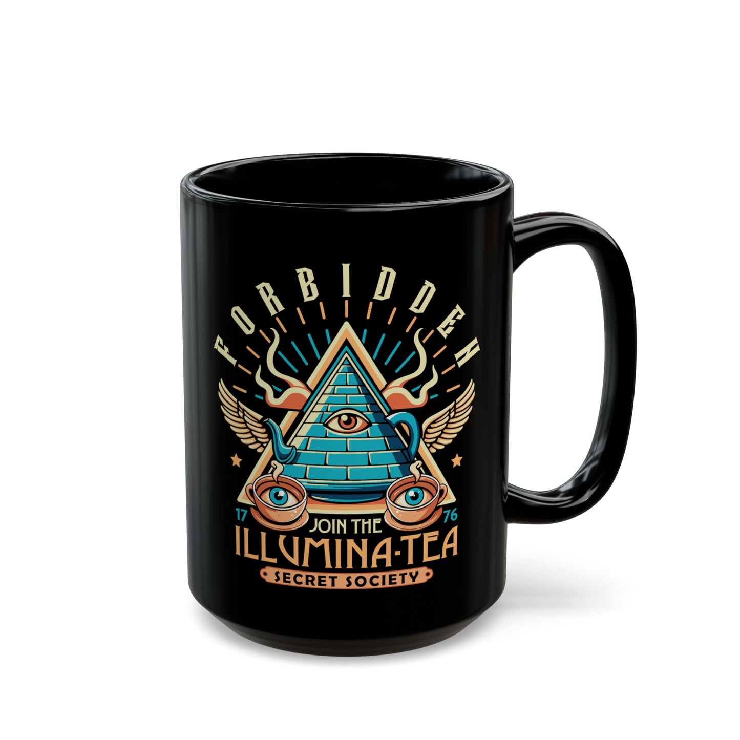 Black mug of an Illuminati tea pot and cups with text ILLUMINA-TEA.