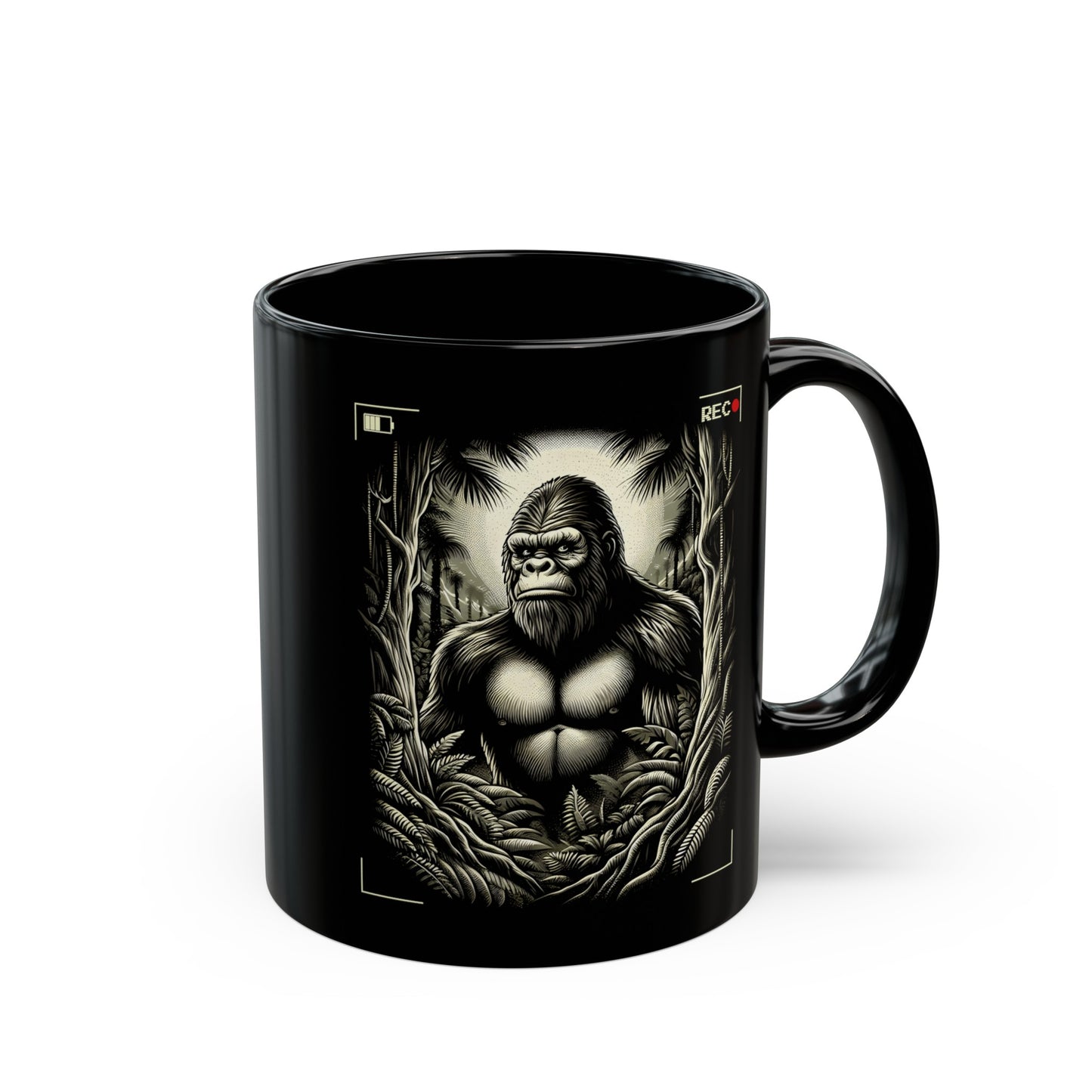 Black mug of Bigfoot being recorded looking through the trees.
