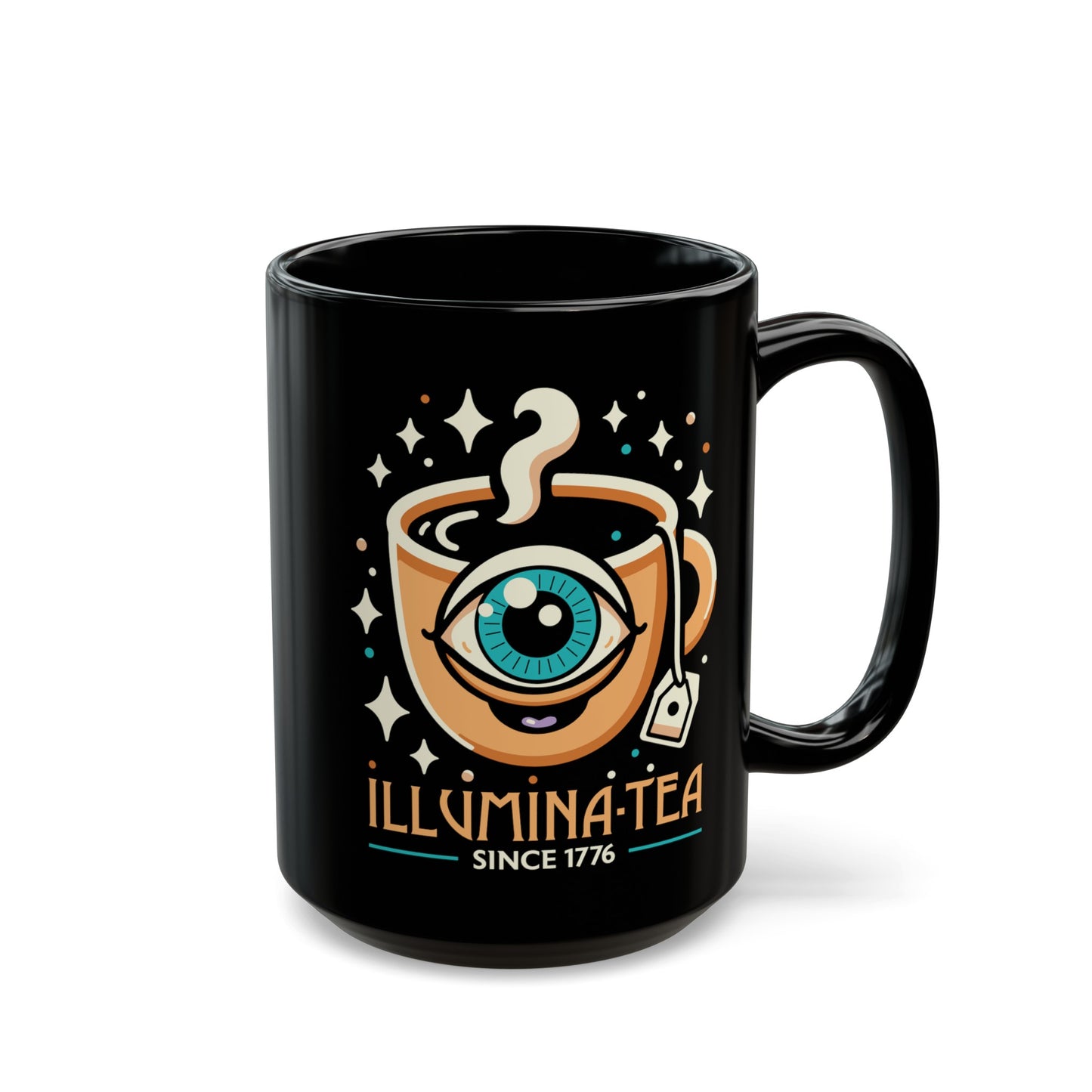 Black mug of an Illuminati cup with text Illumina-Tea