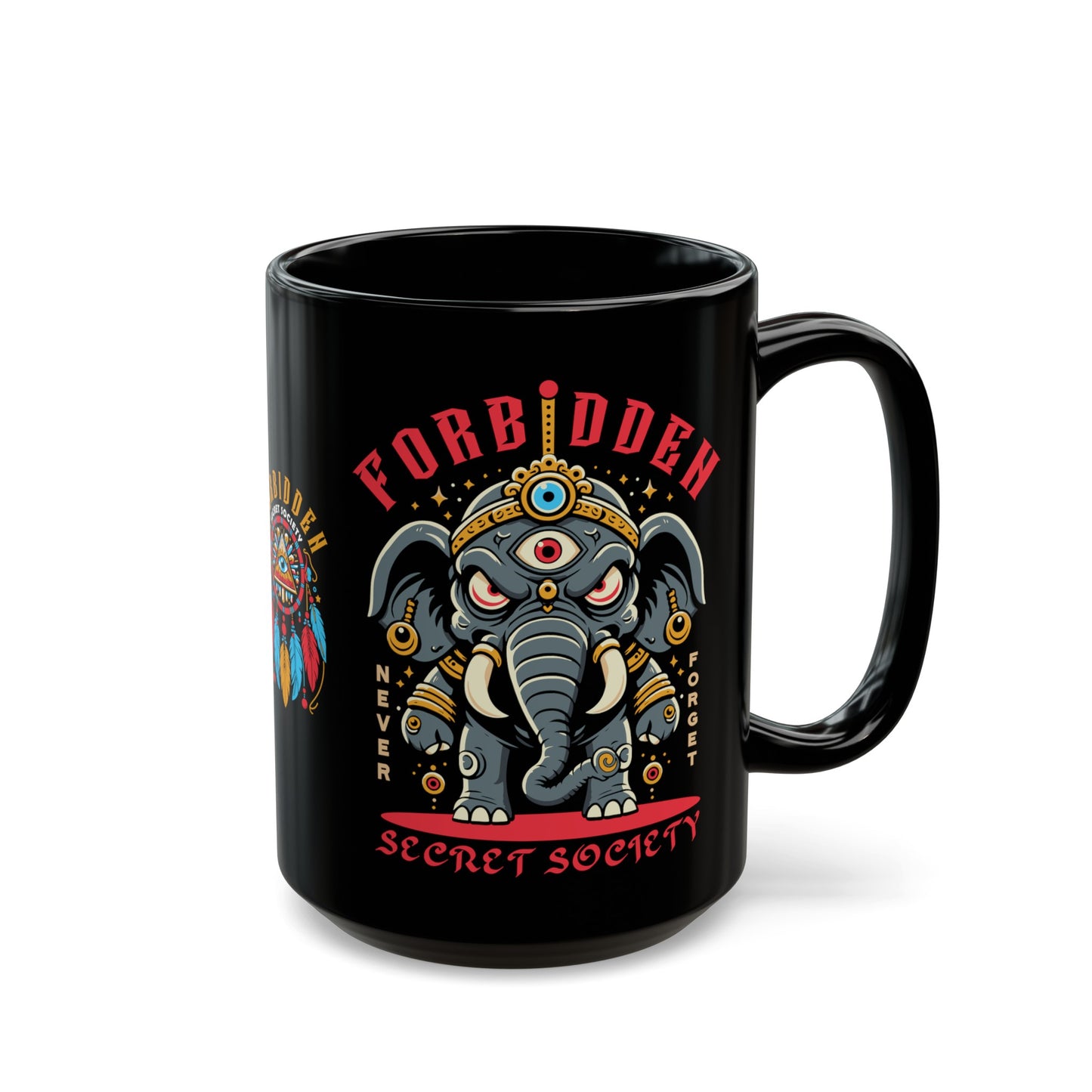 Black mug of an Illuminati elephant with a third eye with text FORBIDDEN SECRET SOCIETY.