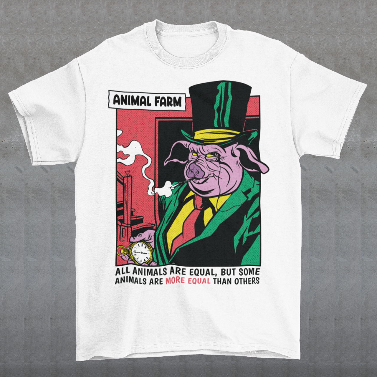 "Embrace George Orwell's timeless allegory with this captivating Animal Farm T-shirt featuring a clever design of a pig adorned with the iconic quote: 'ALL ANIMALS ARE EQUAL BUT SOME ARE MORE EQUAL THAN OTHERS.' This thought-provoking shirt encapsulates the powerful message of Orwell's classic work, reminding us of the dangers of inequality and the manipulation of language.