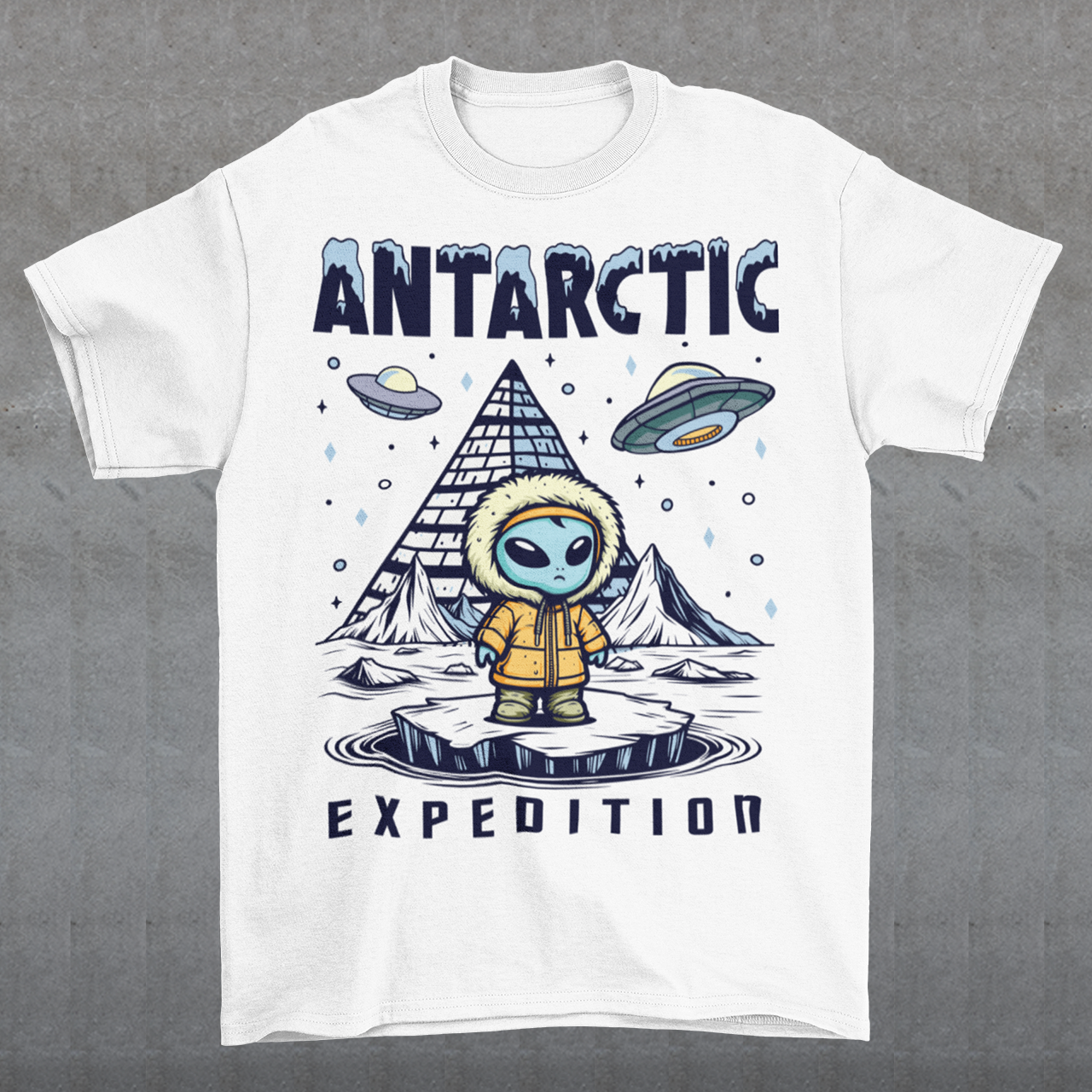 Embark on a journey to the edge of the unknown with this captivating t-shirt design. At its center stands an enigmatic Alien, clad in a weathered jacket, standing against the icy backdrop of Antarctica. The alien's presence hints at a deeper connection to the mysteries of the frozen continent. Behind the extraterrestrial figure looms a shadowy pyramid, its ancient silhouette shrouded in intrigue and secrets waiting to be unearthed.