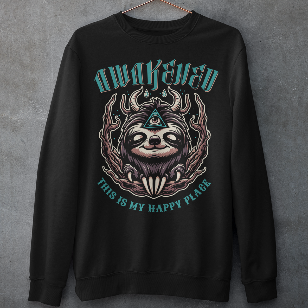 This captivating sweatshirt features a serene sloth adorned with a mystical third eye in the center of its forehead, symbolizing enlightenment and inner wisdom. Positioned above the sloth, bold lettering reads "AWAKENED," emphasizing the theme of spiritual awakening and awareness. Below the sloth, the phrase "THIS IS MY HAPPY PLACE" is elegantly displayed, conveying a sense of contentment and tranquility in embracing one's inner self.