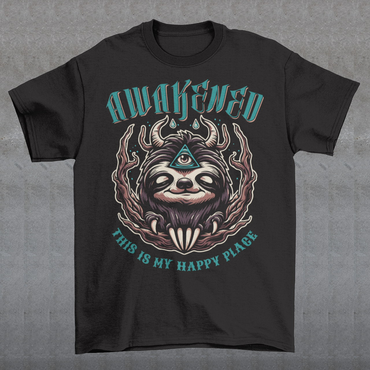 This captivating t-shirt features a serene sloth adorned with a mystical third eye in the center of its forehead, symbolizing enlightenment and inner wisdom. Positioned above the sloth, bold lettering reads "AWAKENED," emphasizing the theme of spiritual awakening and awareness. Below the sloth, the phrase "THIS IS MY HAPPY PLACE" is elegantly displayed, conveying a sense of contentment and tranquility in embracing one's inner self.