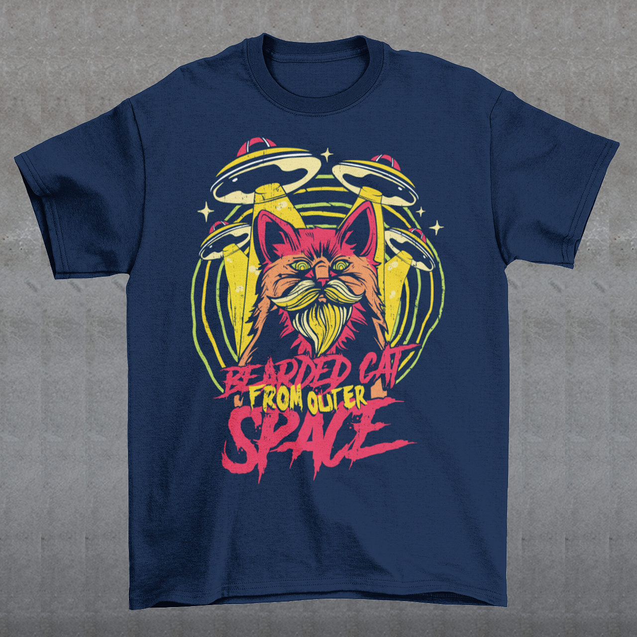 Prepare to embark on a cosmic adventure with our remarkable t-shirt featuring a bearded cat in outer space, accompanied by UFOs. This extraordinary design blends whimsy, imagination, and a touch of mystery, creating a visual feast for the eyes. At the center of the design, a majestic bearded cat takes on an otherworldly presence, its fur flowing like cosmic clouds. The cat's gaze is fixed on the vastness of space, exuding an air of curiosity and wonder.