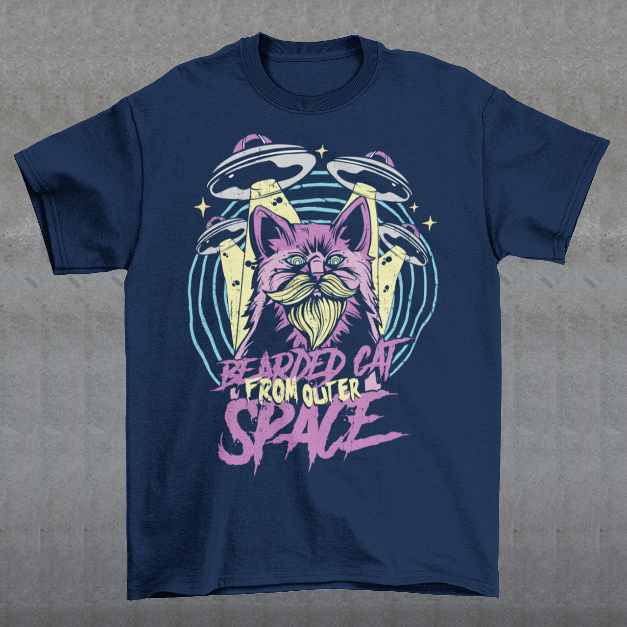 Prepare to embark on a cosmic adventure with our remarkable t-shirt featuring a bearded cat in outer space, accompanied by UFOs. This extraordinary design blends whimsy, imagination, and a touch of mystery, creating a visual feast for the eyes. At the center of the design, a majestic bearded cat takes on an otherworldly presence, its fur flowing like cosmic clouds. The cat's gaze is fixed on the vastness of space, exuding an air of curiosity and wonder.