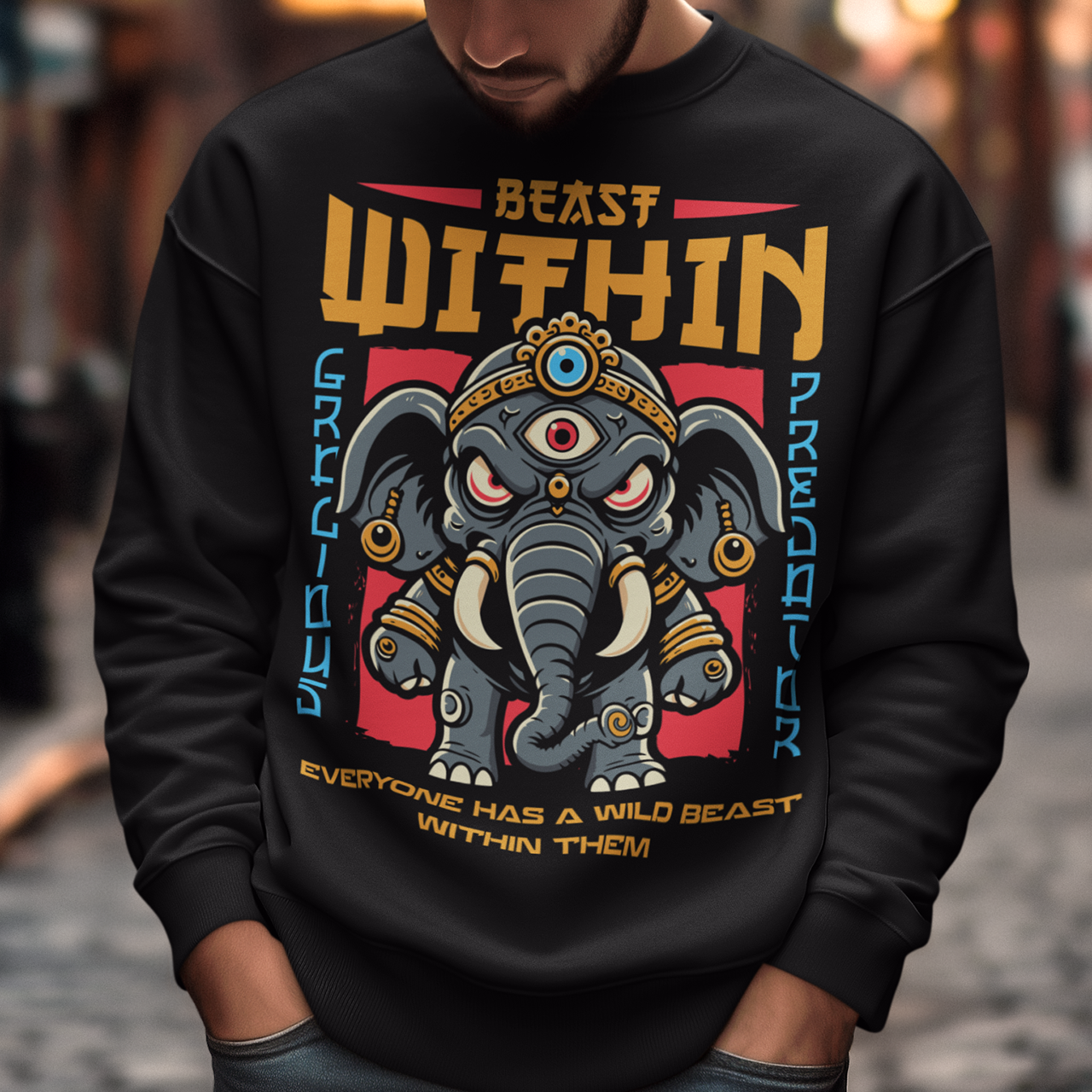 Unleash your wild side with this bold and mystical "BEAST WITHIN" sweatshirt. Featuring a uniquely illustrated elephant—wide-eyed, wild-furred, and rocking a glowing third eye—this design merges urban grit with spiritual chaos. Whether you're into cryptids, chaos magic, or just love a good trash mammal, this shirt speaks to the primal energy lurking beneath the surface.