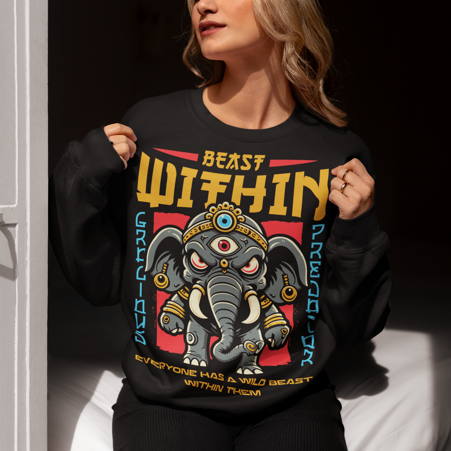 Unleash your wild side with this bold and mystical "BEAST WITHIN" sweatshirt. Featuring a uniquely illustrated elephant—wide-eyed, wild-furred, and rocking a glowing third eye—this design merges urban grit with spiritual chaos. Whether you're into cryptids, chaos magic, or just love a good trash mammal, this shirt speaks to the primal energy lurking beneath the surface.