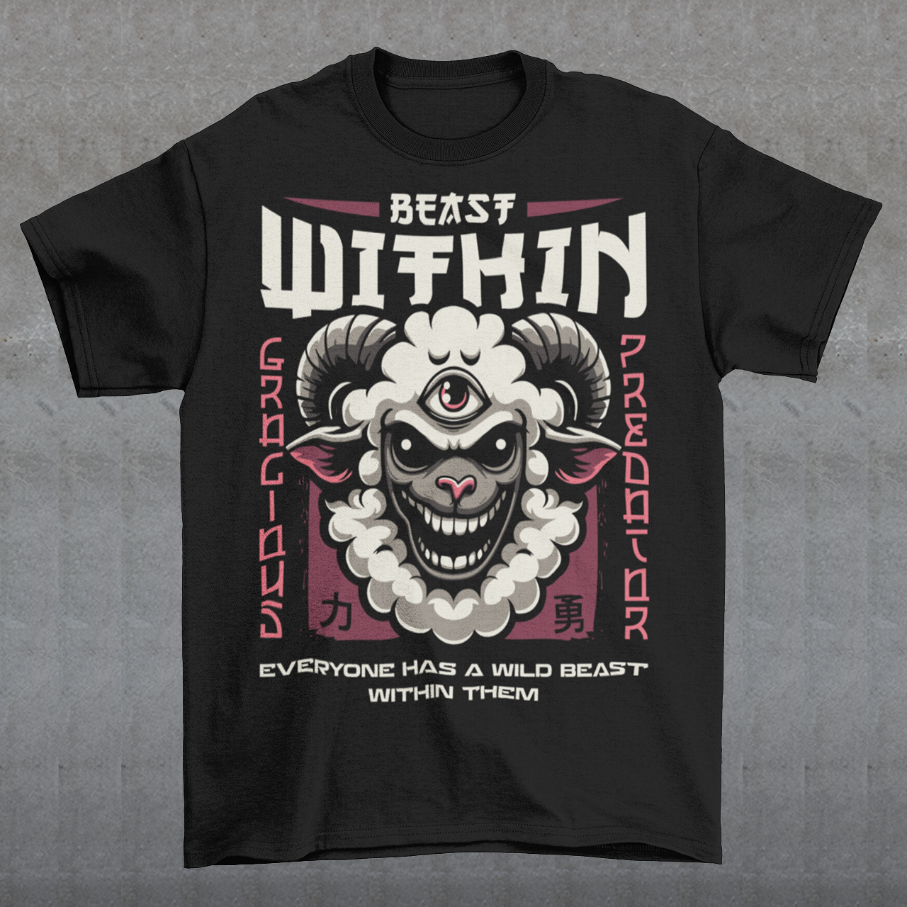 Unleash your wild side with this bold and mystical "BEAST WITHIN" t-shirt. Featuring a uniquely illustrated sheep—wide-eyed, wild-furred, and rocking a glowing third eye—this design merges urban grit with spiritual chaos. Whether you're into cryptids, chaos magic, or just love a good trash mammal, this shirt speaks to the primal energy lurking beneath the surface.