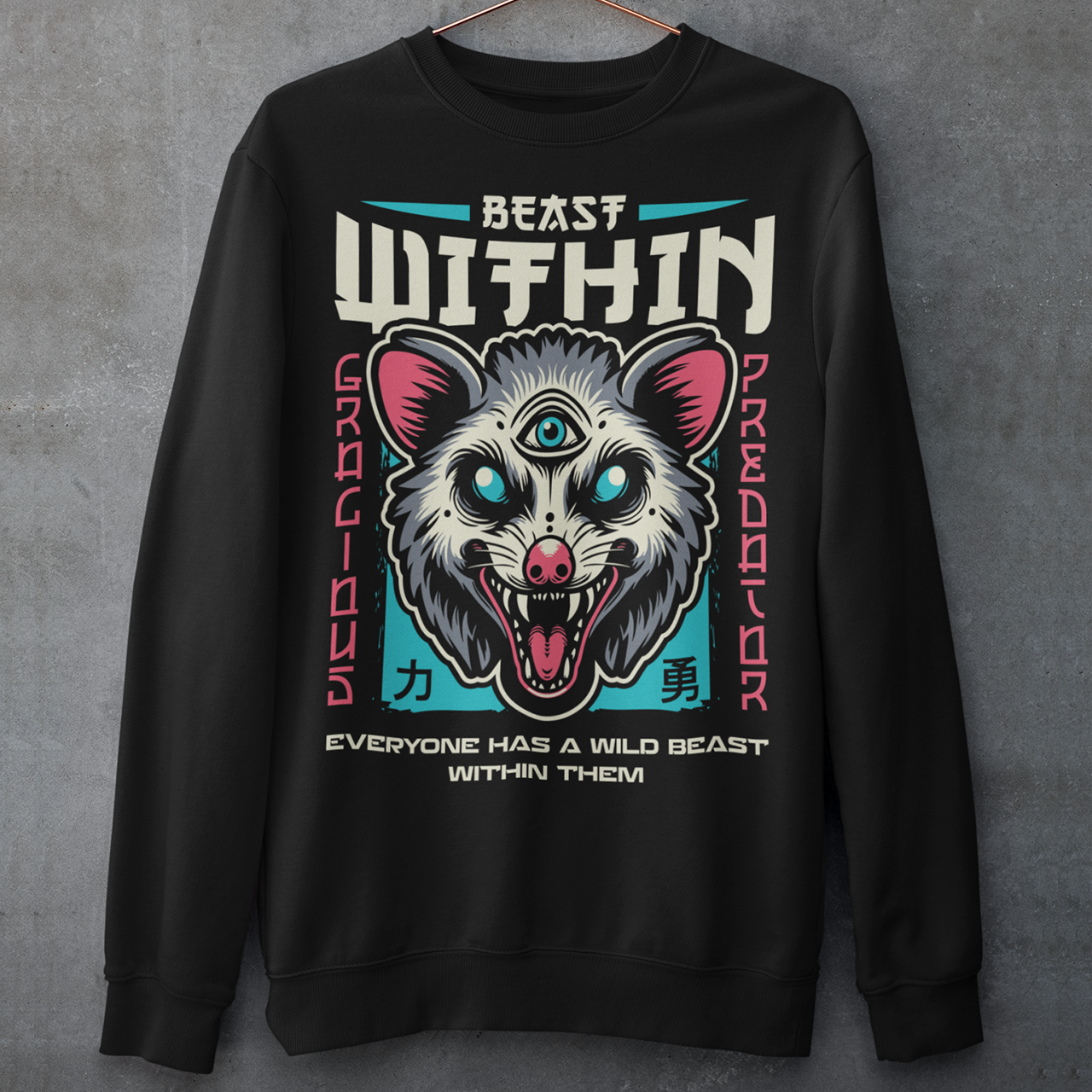 Unleash your wild side with this bold and mystical "BEAST WITHIN" sweatshirt. Featuring a uniquely illustrated possum—wide-eyed, wild-furred, and rocking a glowing third eye—this design merges urban grit with spiritual chaos. Whether you're into cryptids, chaos magic, or just love a good trash mammal, this shirt speaks to the primal energy lurking beneath the surface.