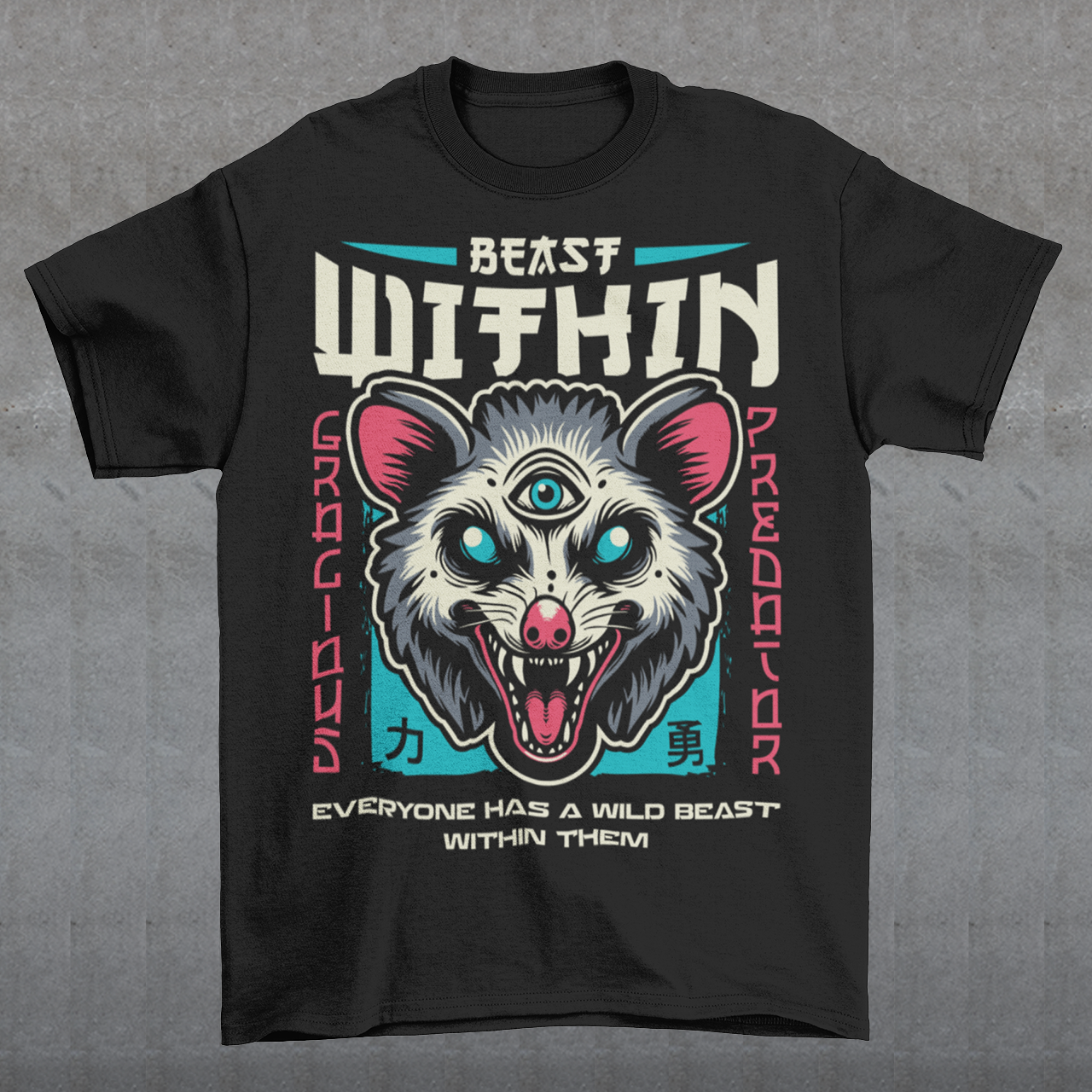Unleash your wild side with this bold and mystical "BEAST WITHIN" t-shirt. Featuring a uniquely illustrated possum—wide-eyed, wild-furred, and rocking a glowing third eye—this design merges urban grit with spiritual chaos. Whether you're into cryptids, chaos magic, or just love a good trash mammal, this shirt speaks to the primal energy lurking beneath the surface.