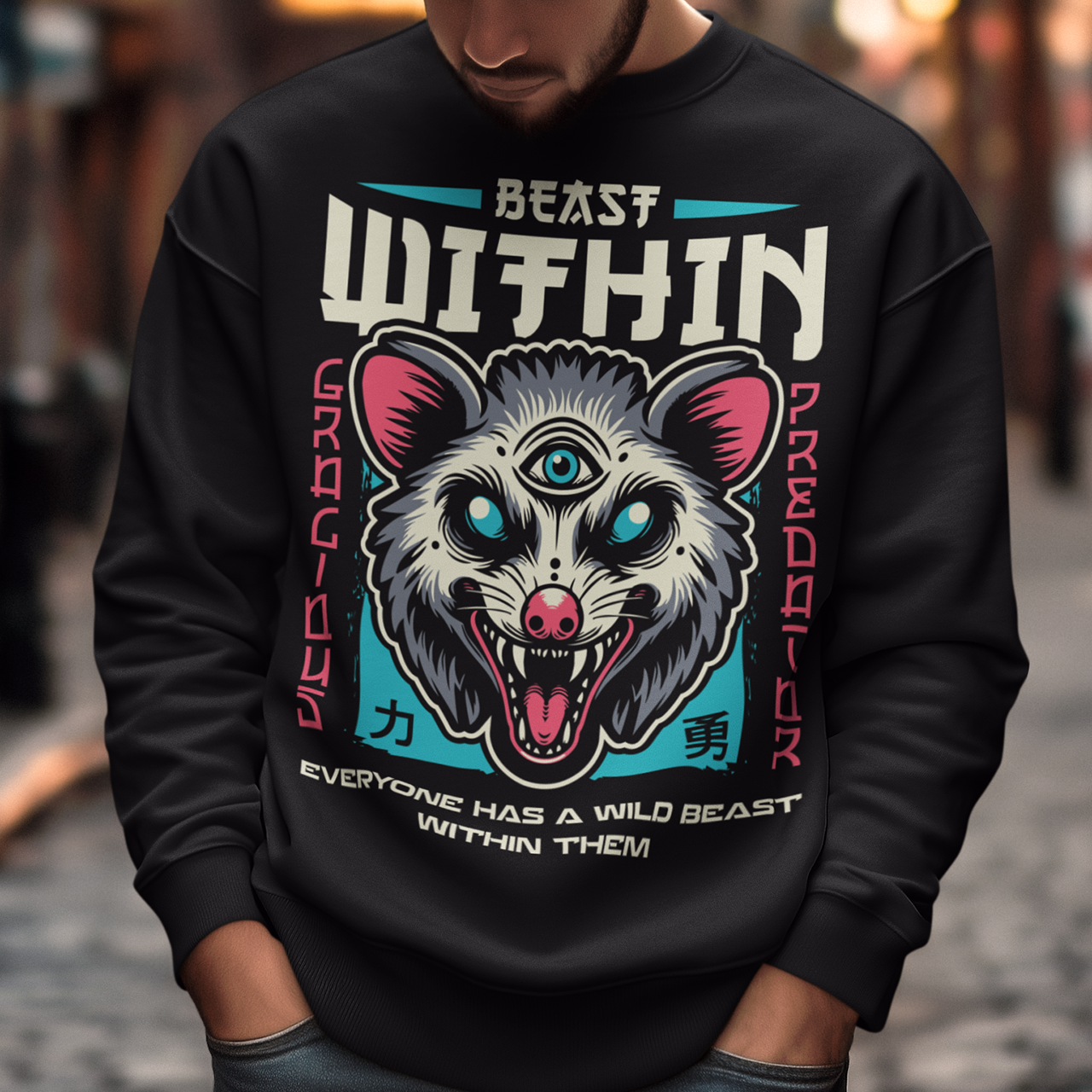 Unleash your wild side with this bold and mystical "BEAST WITHIN" sweatshirt. Featuring a uniquely illustrated possum—wide-eyed, wild-furred, and rocking a glowing third eye—this design merges urban grit with spiritual chaos. Whether you're into cryptids, chaos magic, or just love a good trash mammal, this shirt speaks to the primal energy lurking beneath the surface.