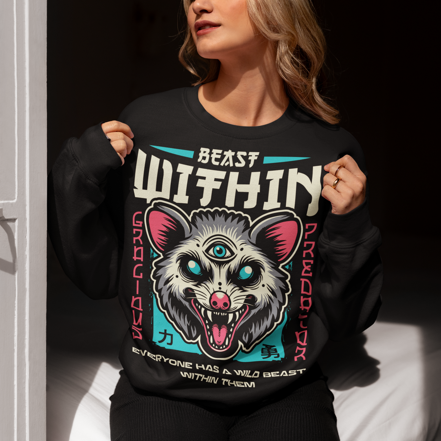Unleash your wild side with this bold and mystical "BEAST WITHIN" sweatshirt. Featuring a uniquely illustrated possum—wide-eyed, wild-furred, and rocking a glowing third eye—this design merges urban grit with spiritual chaos. Whether you're into cryptids, chaos magic, or just love a good trash mammal, this shirt speaks to the primal energy lurking beneath the surface.