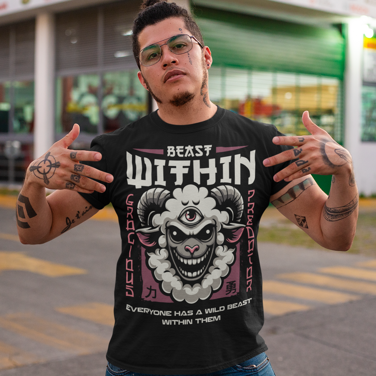 Unleash your wild side with this bold and mystical "BEAST WITHIN" t-shirt. Featuring a uniquely illustrated sheep—wide-eyed, wild-furred, and rocking a glowing third eye—this design merges urban grit with spiritual chaos. Whether you're into cryptids, chaos magic, or just love a good trash mammal, this shirt speaks to the primal energy lurking beneath the surface.