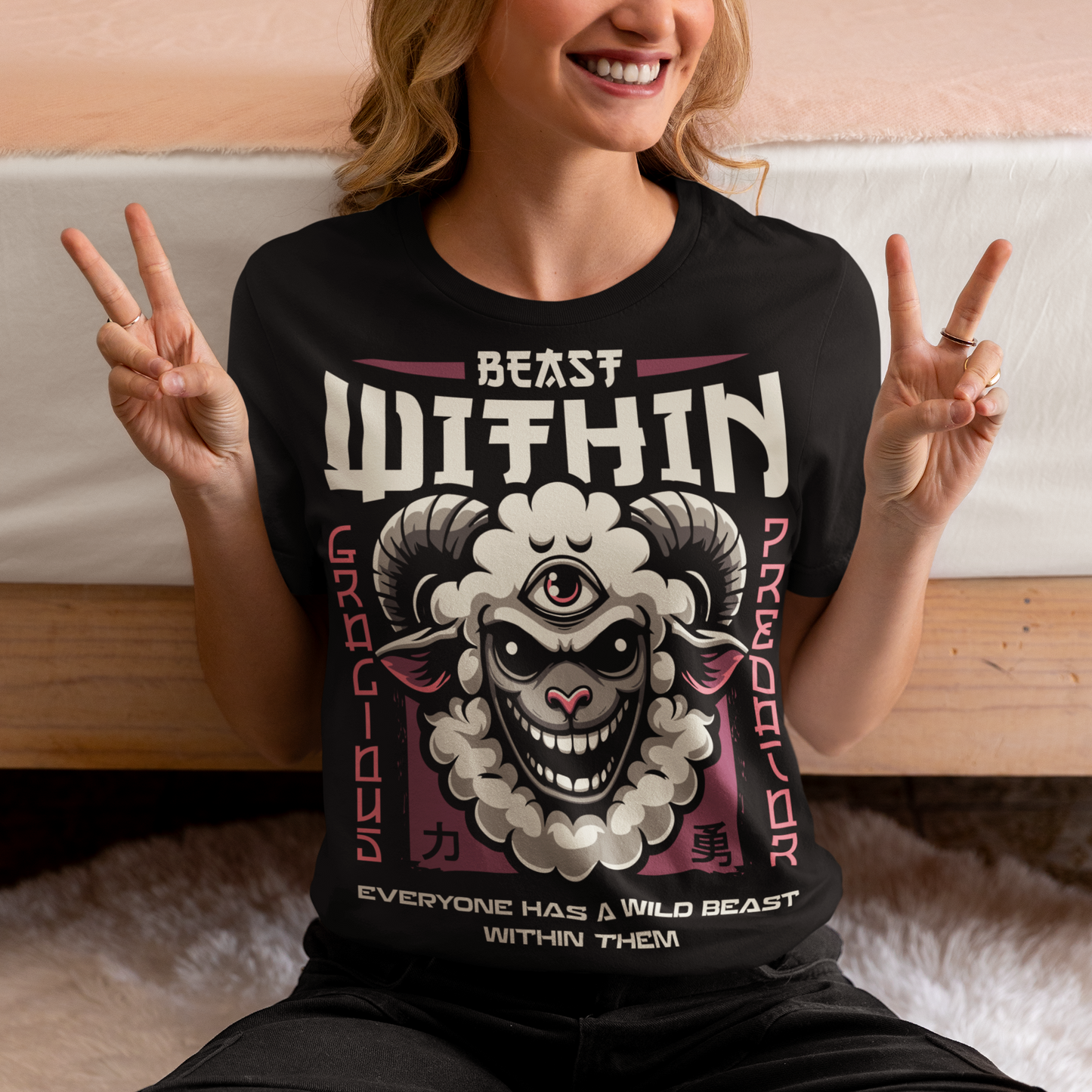 Unleash your wild side with this bold and mystical "BEAST WITHIN" t-shirt. Featuring a uniquely illustrated sheep—wide-eyed, wild-furred, and rocking a glowing third eye—this design merges urban grit with spiritual chaos. Whether you're into cryptids, chaos magic, or just love a good trash mammal, this shirt speaks to the primal energy lurking beneath the surface.
