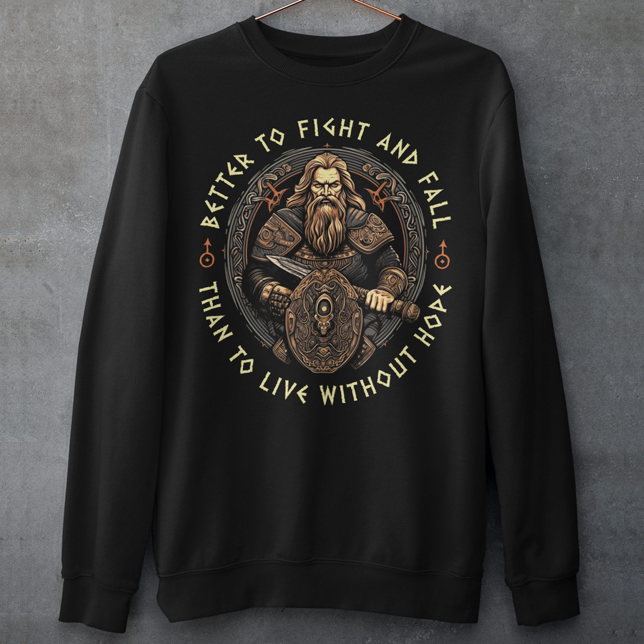 Introducing our bold and captivating Viking Warrior Sweatshirt! This extraordinary design features a fierce viking warrior, wielding a mighty sword in one hand and a sturdy shield in the other, ready to face any challenge that comes their way. The intricate artwork showcases the warrior's resolute determination and unwavering spirit. Surrounding the stunning illustration, the empowering words "BETTER TO FIGHT AND FALL THAN TO LIVE WITHOUT HOPE" are boldly displayed.