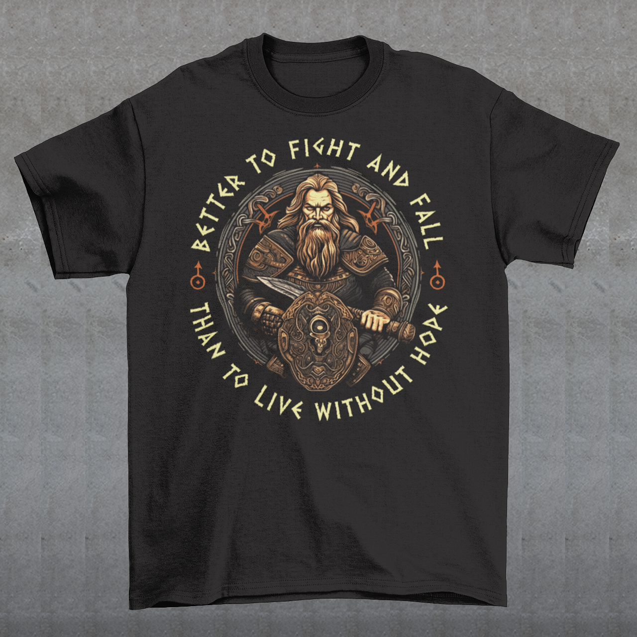 Introducing our bold and captivating Viking Warrior T-shirt! This extraordinary design features a fierce viking warrior, wielding a mighty sword in one hand and a sturdy shield in the other, ready to face any challenge that comes their way. The intricate artwork showcases the warrior's resolute determination and unwavering spirit. Surrounding the stunning illustration, the empowering words "BETTER TO FIGHT AND FALL THAN TO LIVE WITHOUT HOPE" are boldly displayed.