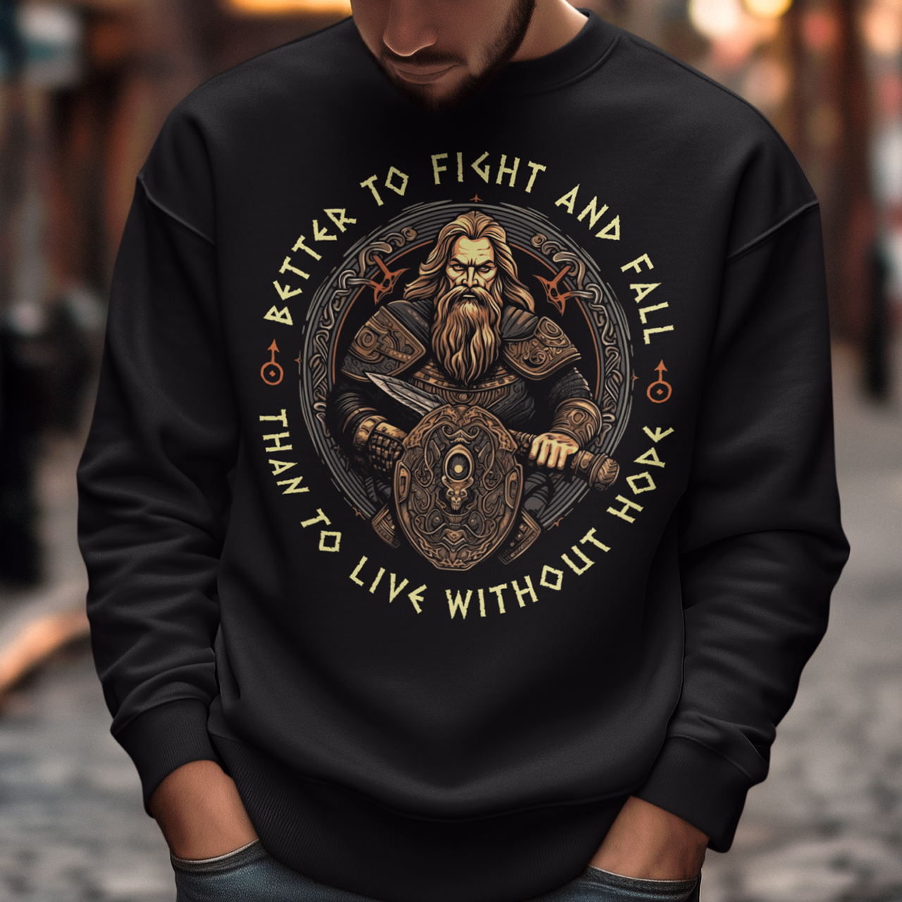 Introducing our bold and captivating Viking Warrior Sweatshirt! This extraordinary design features a fierce viking warrior, wielding a mighty sword in one hand and a sturdy shield in the other, ready to face any challenge that comes their way. The intricate artwork showcases the warrior's resolute determination and unwavering spirit. Surrounding the stunning illustration, the empowering words "BETTER TO FIGHT AND FALL THAN TO LIVE WITHOUT HOPE" are boldly displayed.
