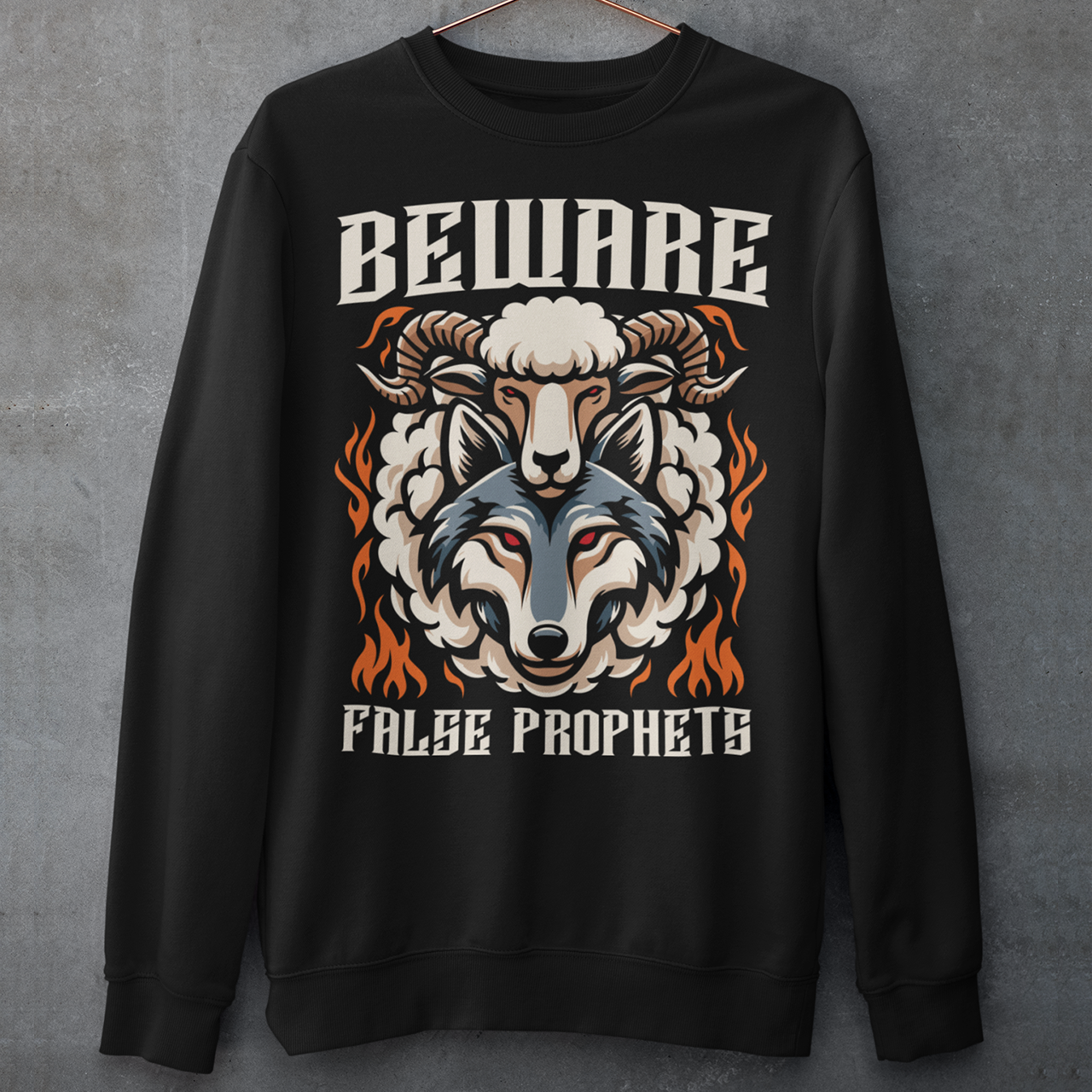 Introducing our captivating and cautionary design: "Beware False Prophets." This unique sweatshirt features a striking illustration of a wolf adorned in the deceptive guise of a sheep. Crafted with meticulous attention to detail, the wolf's piercing eyes convey an ominous warning, serving as a reminder to stay vigilant against those who masquerade under false pretenses.