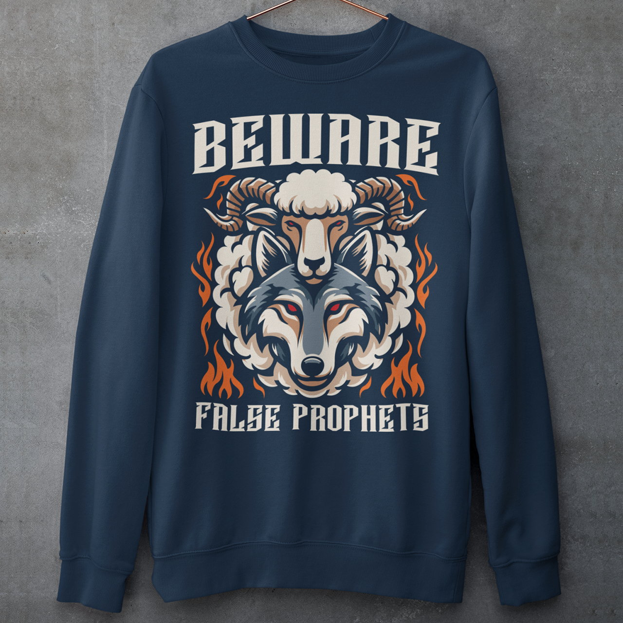 Introducing our captivating and cautionary design: "Beware False Prophets." This unique sweatshirt features a striking illustration of a wolf adorned in the deceptive guise of a sheep. Crafted with meticulous attention to detail, the wolf's piercing eyes convey an ominous warning, serving as a reminder to stay vigilant against those who masquerade under false pretenses.